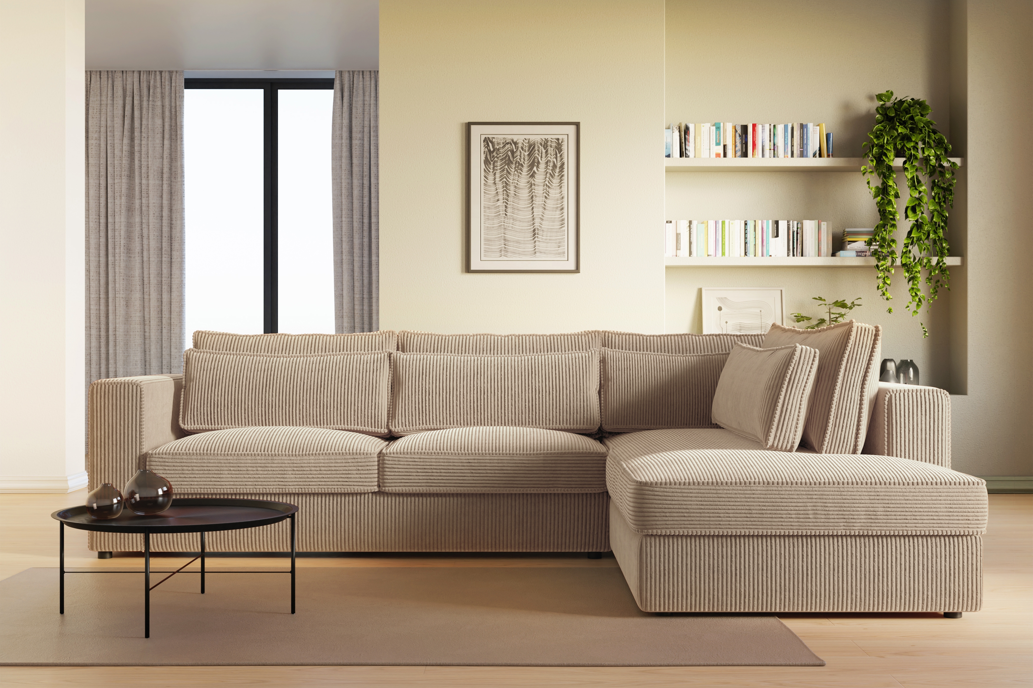 Rohová sedací souprava Larina pravá - světle hnědá Lincoln 17 Rohová sedací souprava pro obývacího pokoje Larina pravá - jasnobrazowy manšestr Lincoln 17