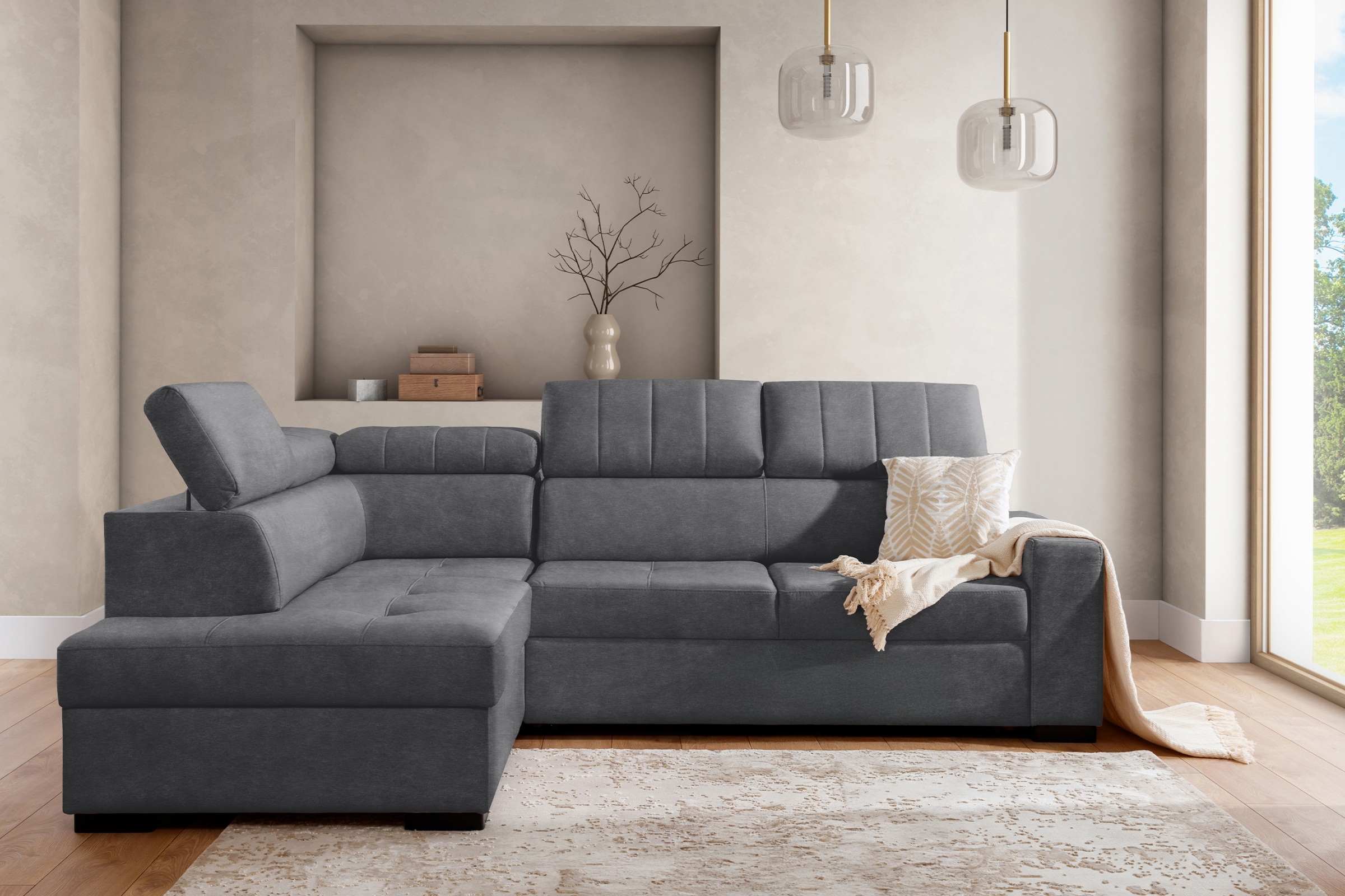 Rozkládací rohová sedací souprava Modeno L levá - grafitová Zetta 304 Rohová sedací souprava pro obývacího pokoje Modeno L levá - grafitová samet latwoczyszczacy Zetta 304