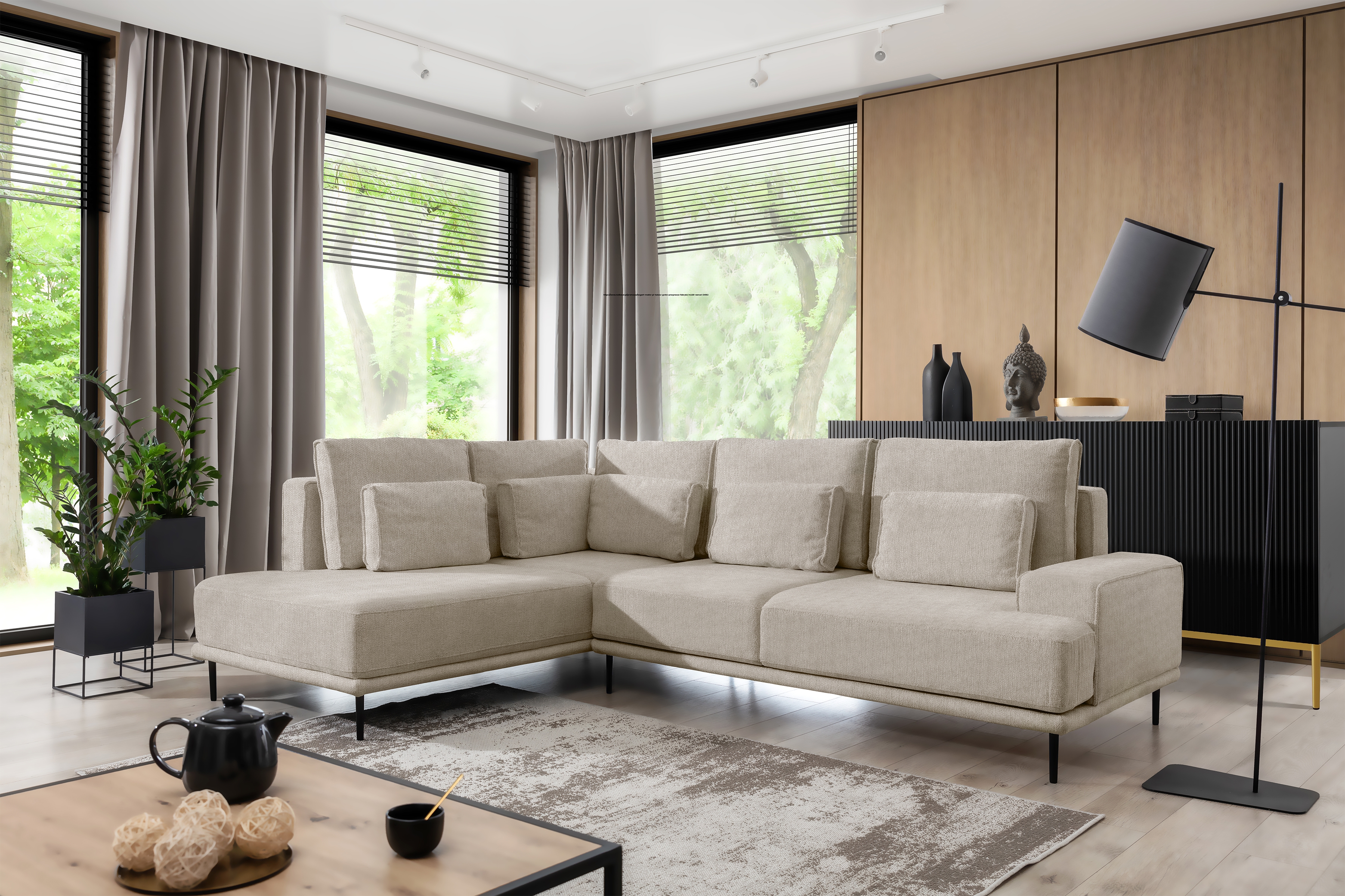 Rohová sedacia súprava Nicole L Ľavá strana - Béžová látka Hevia 207.09 / čierny nožičky Rohová sedacia súprava do obývacej izby Nicole L Ľavá strana - Béžová látka Hevia 207.09/nozki čierny