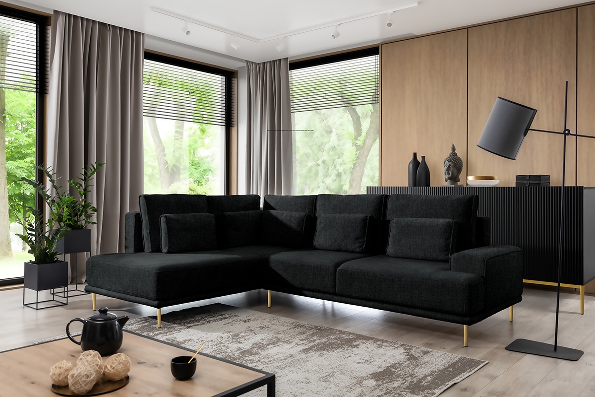 Rohová sedacia súprava Nicole L Ľavá - čierny zamat Vogue 18 / zlaté nožičky - Koncovka Série Čierny Rohová sedacia súprava do nowoczesnego salonu 