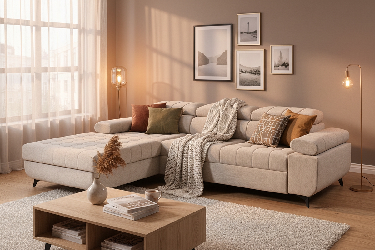 Rohová pohovka Dragonis L II s rozkladom ľavostranná - béžový šenil Perfect harmony 07 Rohová sedacia súprava Dragonis L II s funkciou spánku Ľavá strana - béžový šenil Perfect harmony 07