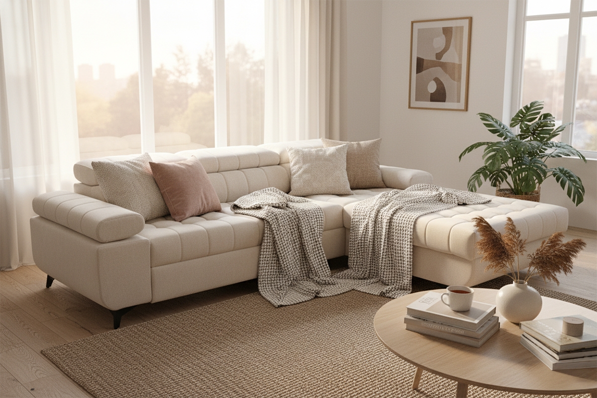 Rohová sedačka Dragonis L II pravostranná s funkciou spania - béžový šenil Ditra New 20 Rohová sedacia súprava Dragonis L II s funkciou spánku pravá strana - béžový šenil Ditra New 20