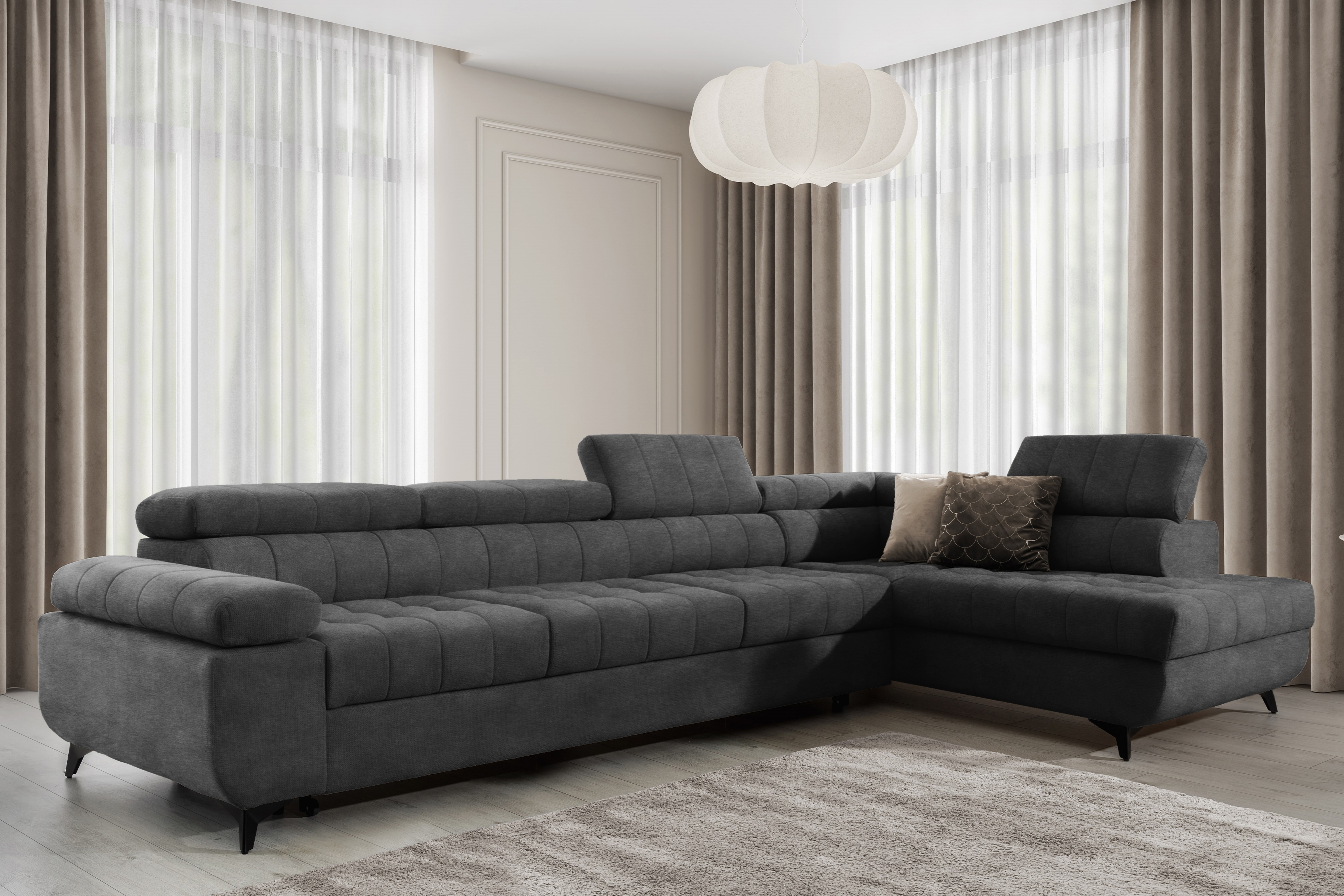 Rozkladacia rohová sedacia súprava Dragonis Maxi pravá - grafitový ľahkočistiaci zamat Zetta 305 Rohová sedacia súprava Dragonis Maxi s funkciou spánku pravá strana - Grafitový velúr ľahkočistiaci Zetta 305