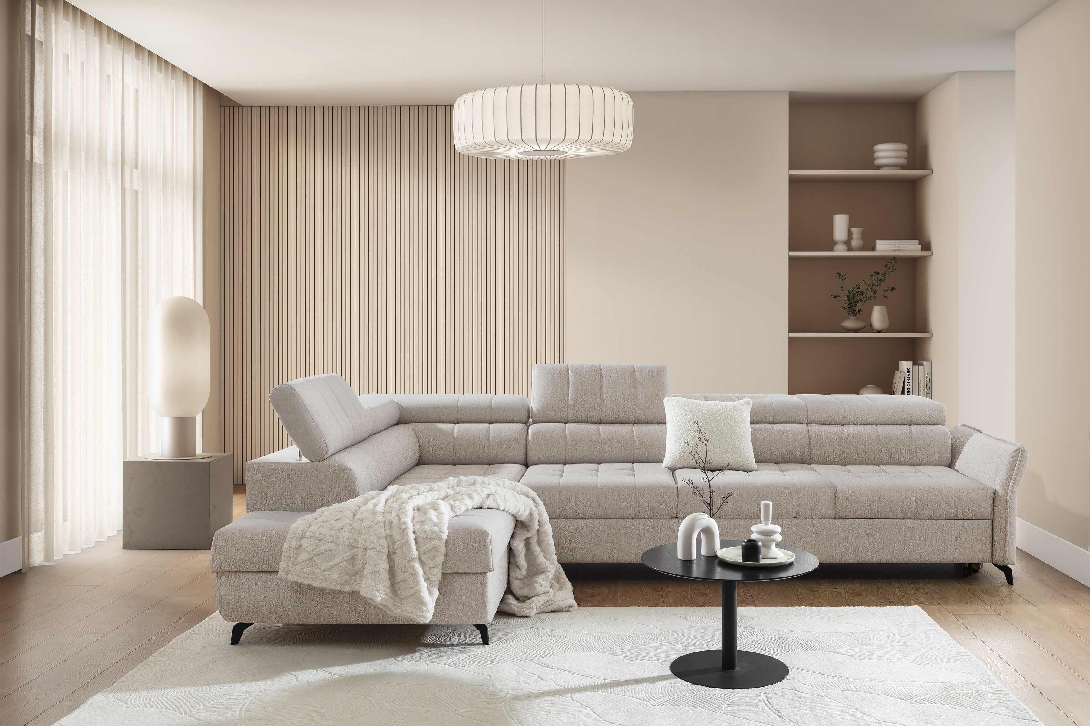 Rozkládací rohová sedací souprava Elarias Maxi levá - béžová Perfect Harmony 07 Rohová sedací souprava Elarias Maxi rozkládací levá - béžová šenil Perfect Harmony 07