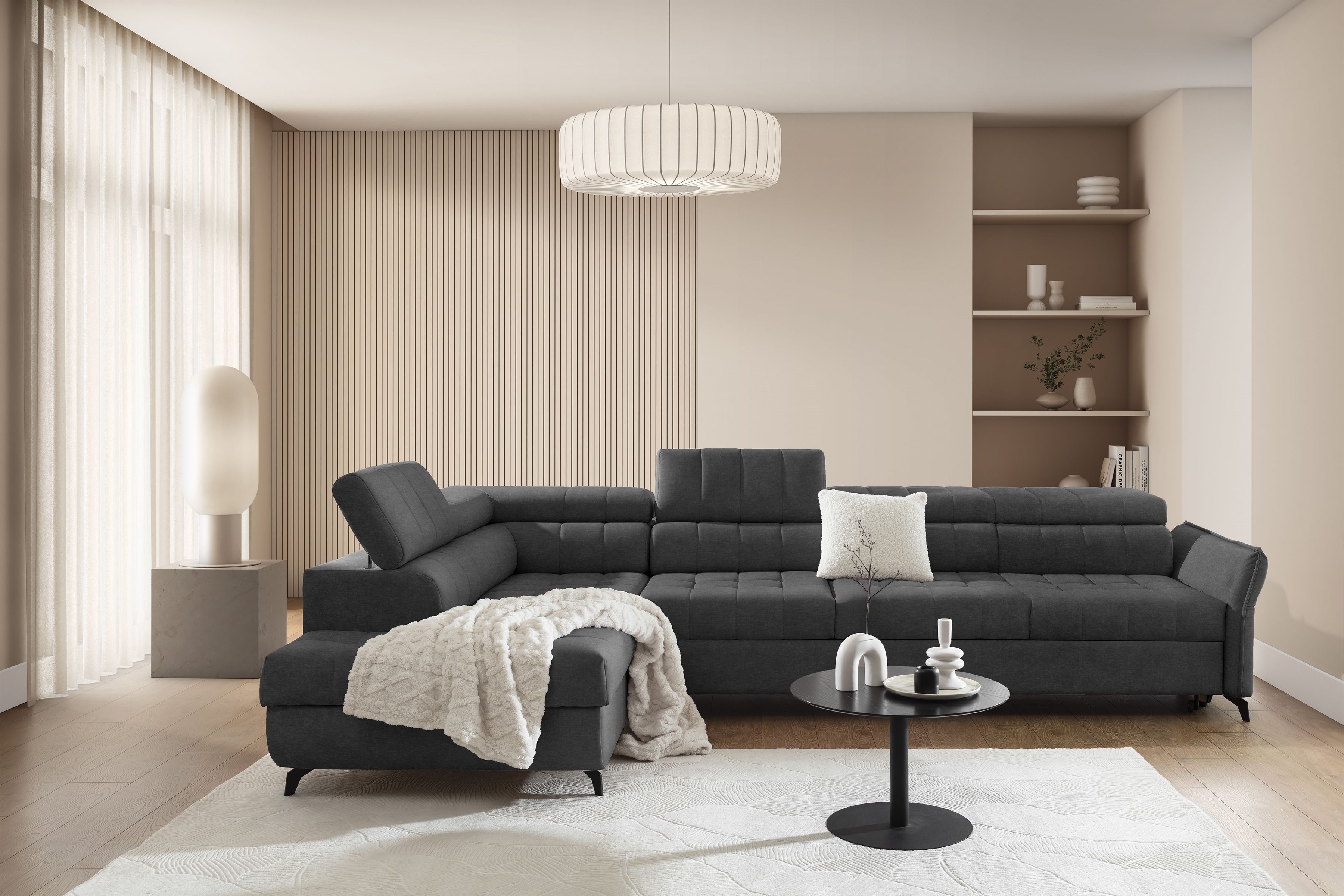 Rozkládací rohová sedací souprava Elarias Maxi levá - grafitová Zetta 305 Rohová sedací souprava Elarias Maxi rozkládací levá - grafitová samet latwoczyszczacy Zetta 305