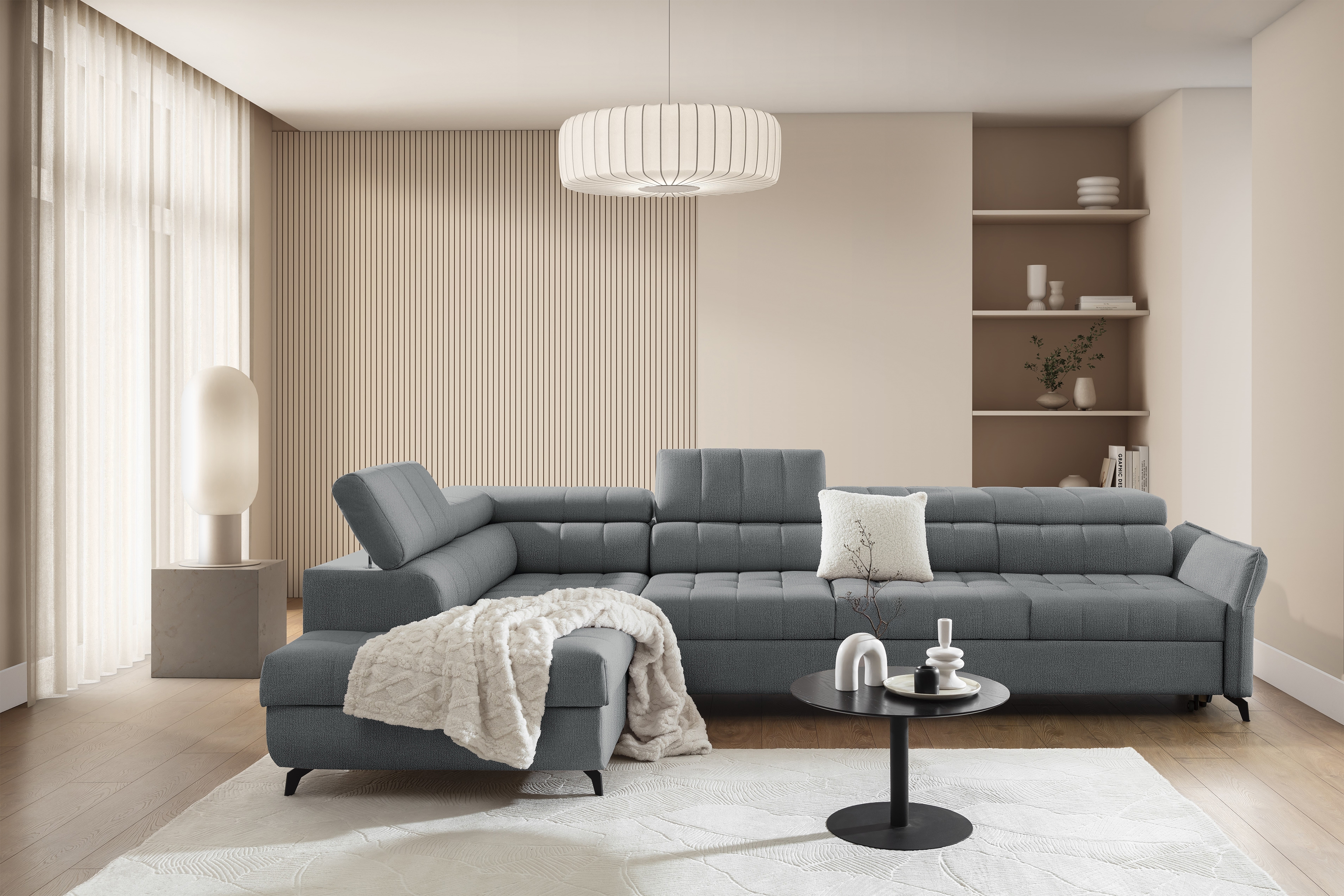 Rozkladacia rohová sedacia súprava Elarias Maxi ľavá - šedá žinylka Perfect Harmony 85 Rohová sedacia súprava Elarias Maxi s funkciou spánku Ľavá strana - šedý šenil Perfect Harmony 85