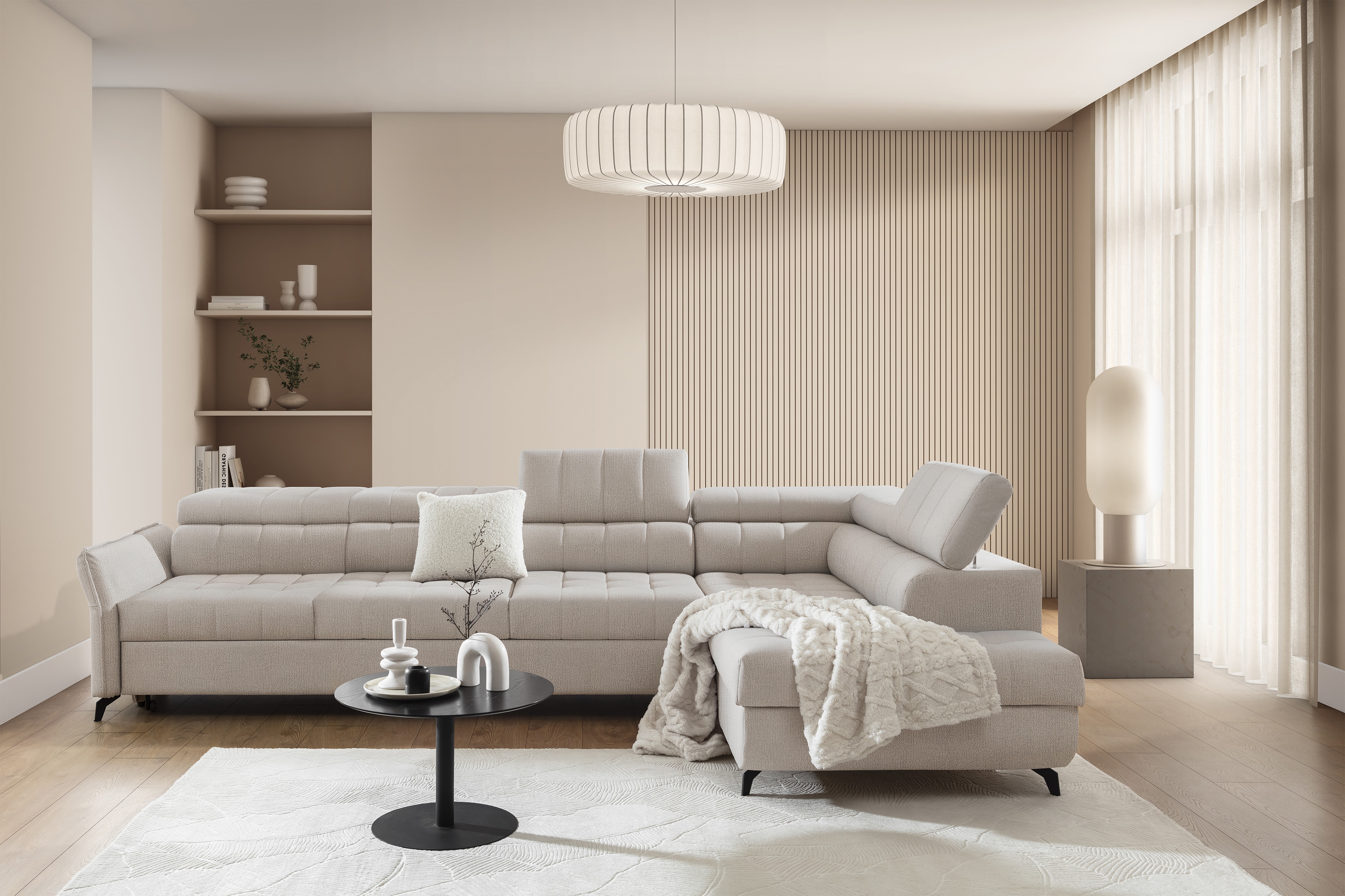 Rozkladacia rohová sedacia súprava Elarias Maxi pravá - béžová žinylka Perfect Harmony 07 Rohová sedacia súprava Elarias Maxi s funkciou spánku pravá strana - béžový šenil Perfect Harmony 07