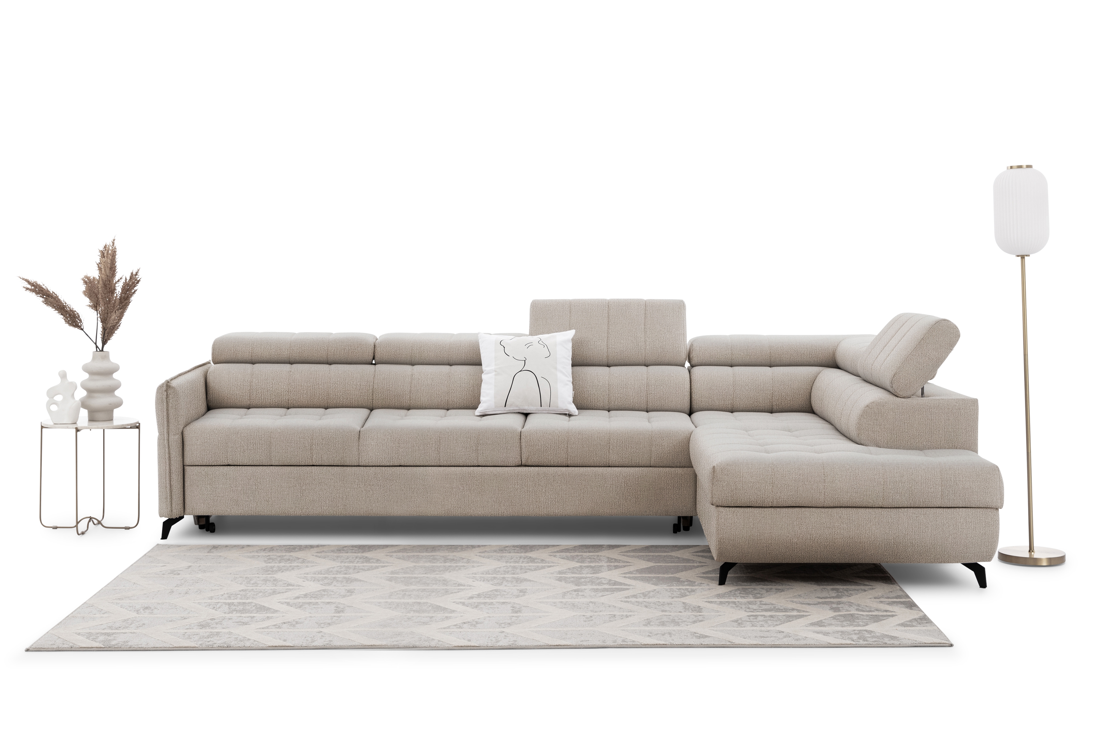 Rozkladacia rohová sedacia súprava Elarias Maxi pravá - béžová žinylka Perfect Harmony 07 Rohová sedacia súprava Elarias Maxi s funkciou spánku pravá strana - béžový šenil Perfect Harmony 07