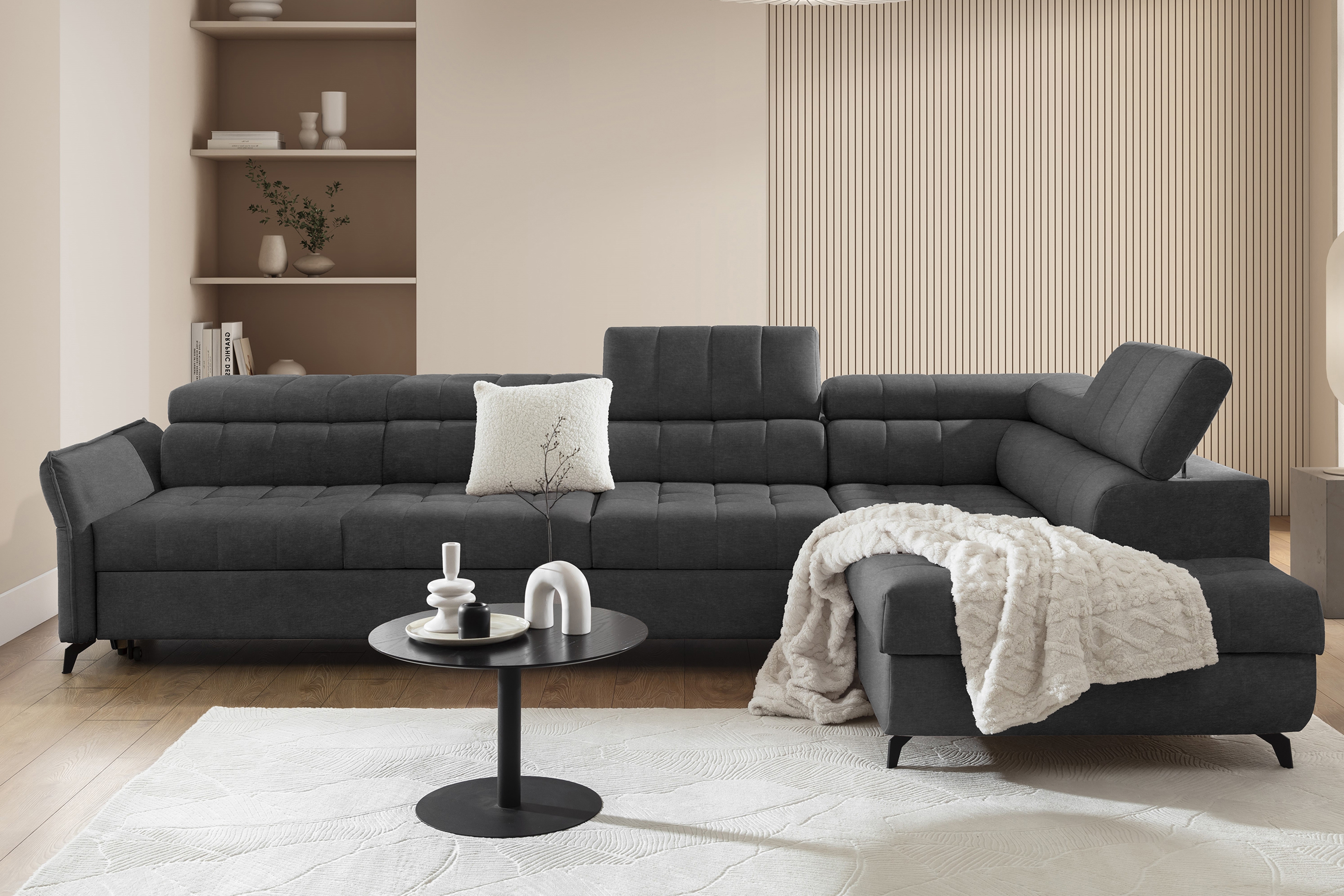 Rozkládací rohová sedací souprava Elarias Maxi pravá - grafitová Zetta 305 Rohová sedací souprava Elarias Maxi rozkládací pravá - grafitová samet latwoczyszczacy Zetta 305