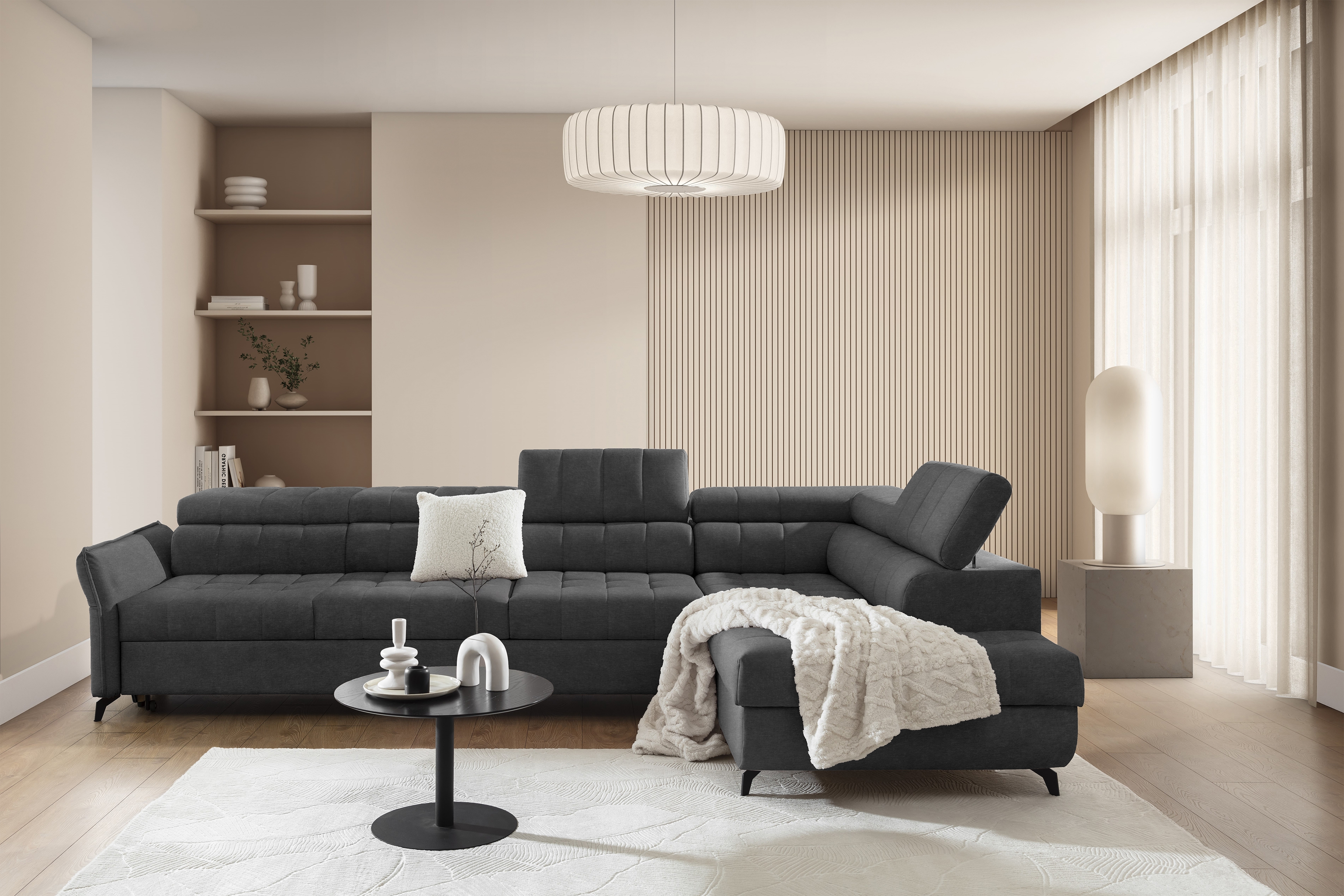 Rozkládací rohová sedací souprava Elarias Maxi pravá - grafitová Zetta 305 Rohová sedací souprava Elarias Maxi rozkládací pravá - grafitová samet latwoczyszczacy Zetta 305