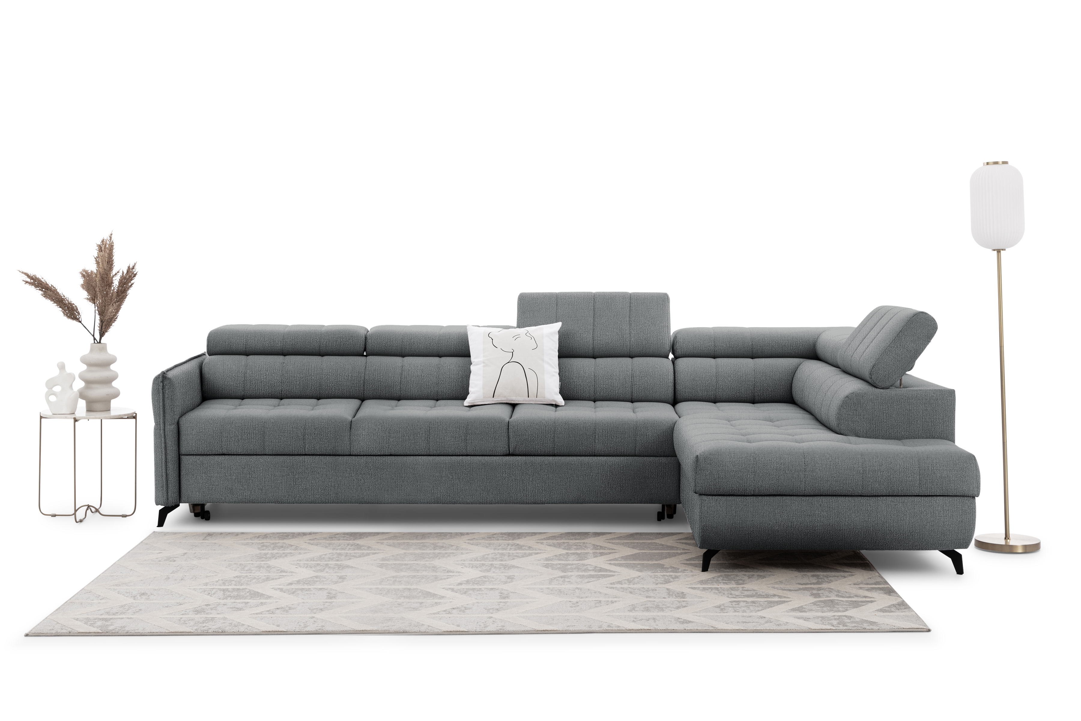 Rozkladacia rohová sedacia súprava Elarias Maxi pravá - šedá žinylka Perfect Harmony 85 Rohová sedacia súprava Elarias Maxi s funkciou spánku pravá strana - šedý šenil Perfect Harmony 85