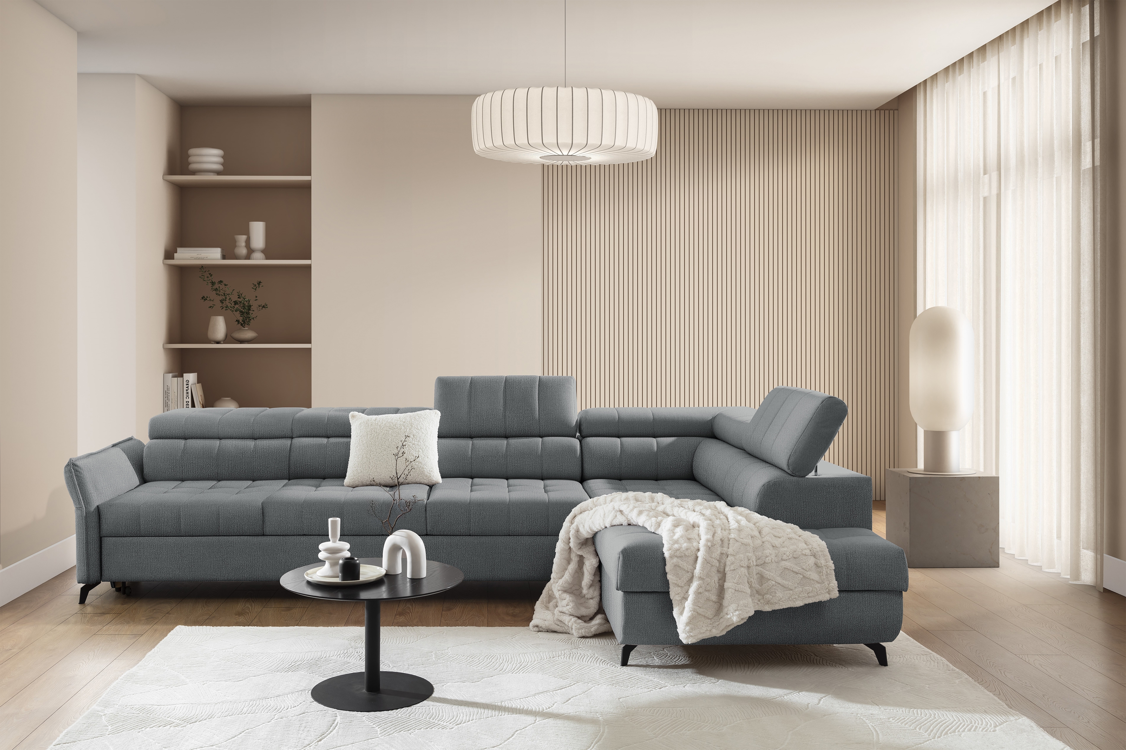 Rozkladacia rohová sedacia súprava Elarias Maxi pravá - šedá žinylka Perfect Harmony 85 Rohová sedacia súprava Elarias Maxi s funkciou spánku pravá strana - šedý šenil Perfect Harmony 85