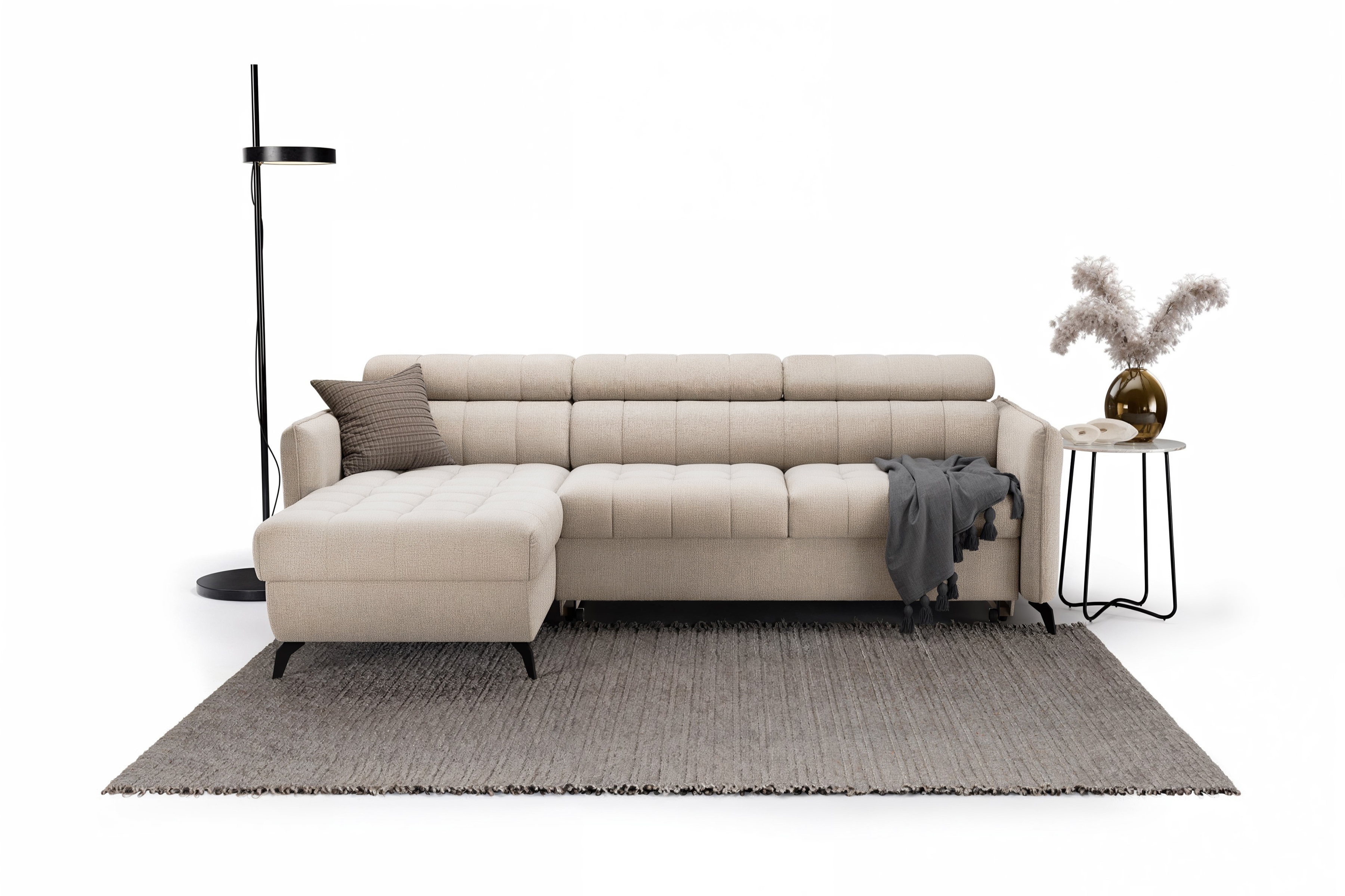 Rohová pohovka Elarias Mini s rozkladem levostranná - béžový šenil Perfect harmony 07 Rohová sedací souprava Elarias Mini rozkládací levá - béžová šenil Perfect harmony 07