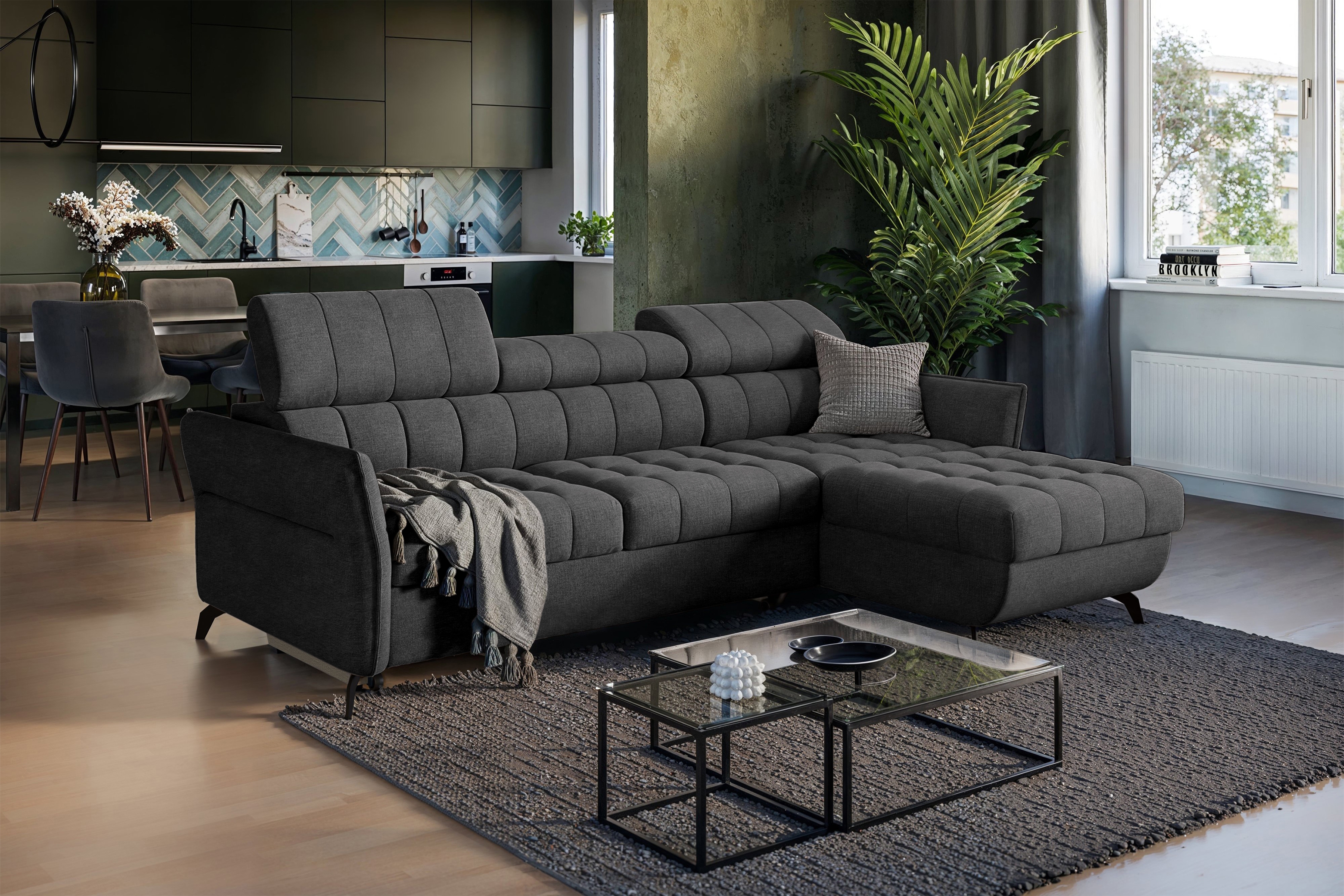 Rozkládací rohová sedací souprava Elarias Mini univerzální - grafitový snadno čistitelný samet Zetta 305 Rohová sedací souprava Elarias Mini rozkládací uniwersalny Levá/pravý - grafitová samet latwoczyszczacy Zetta 305