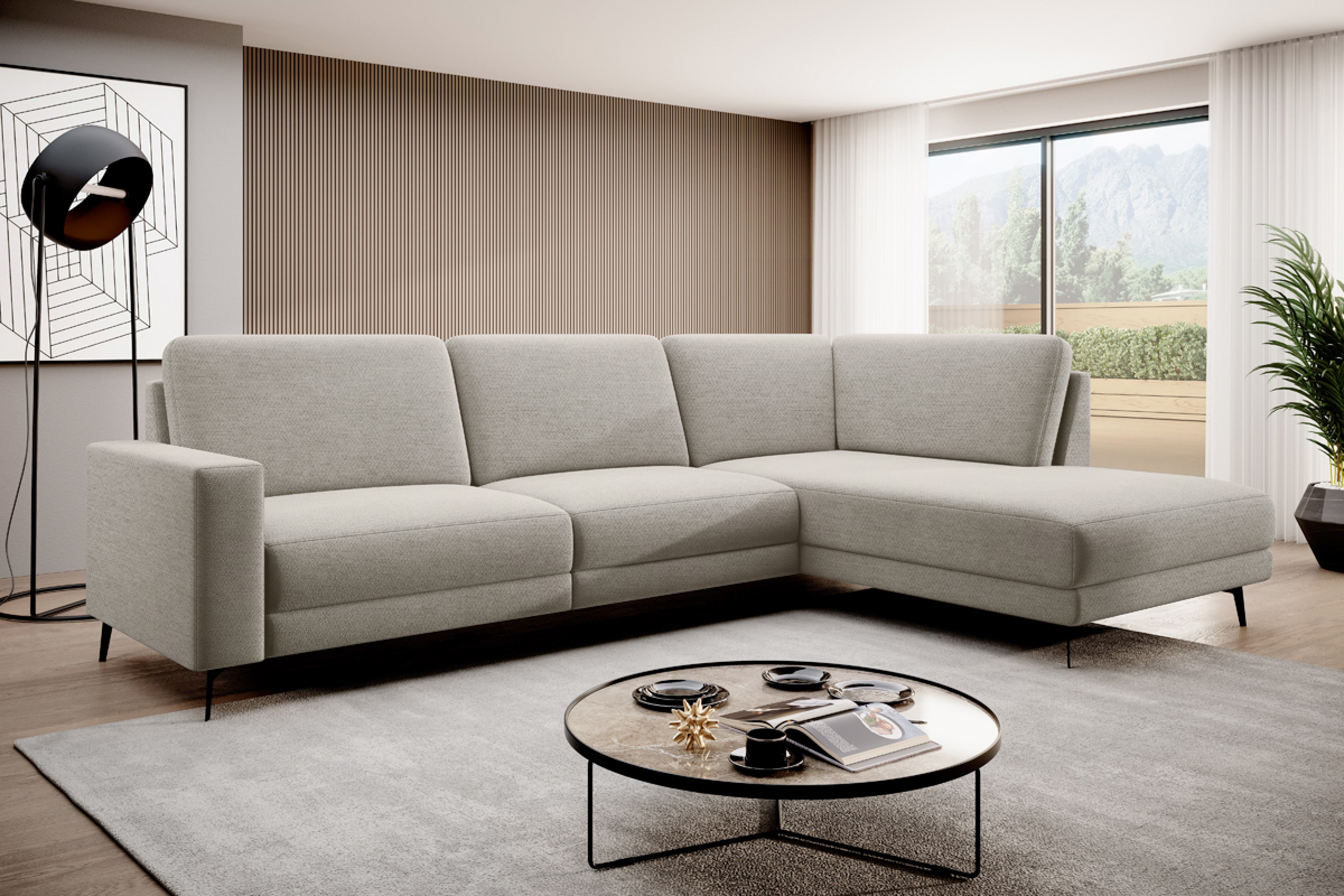 Rohová sedacia súprava Elentio L rozkladacia pravá - béžová tkanina Loft 02 Beige Rohová sedacia súprava Elentio L rozkladany do obývacej izby pravá strana - Béžová plecionka Loft 02 Beige