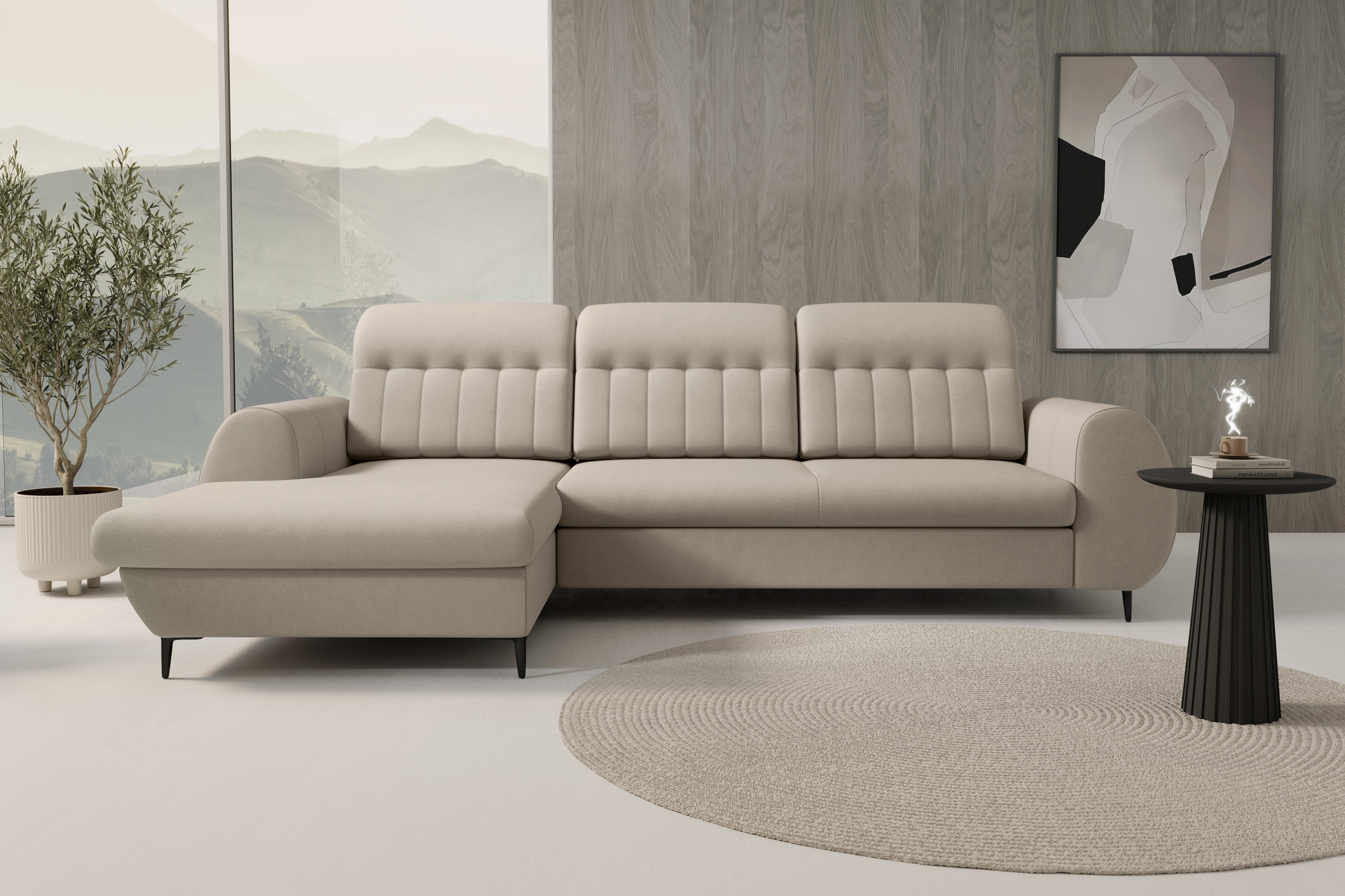 Rohová rozkládací sedací souprava Fiora levá - béžový šenil Castel 15 Rohová sedací souprava Fiora s funkcí spaní Strana levá - béžový šenil Castel 15