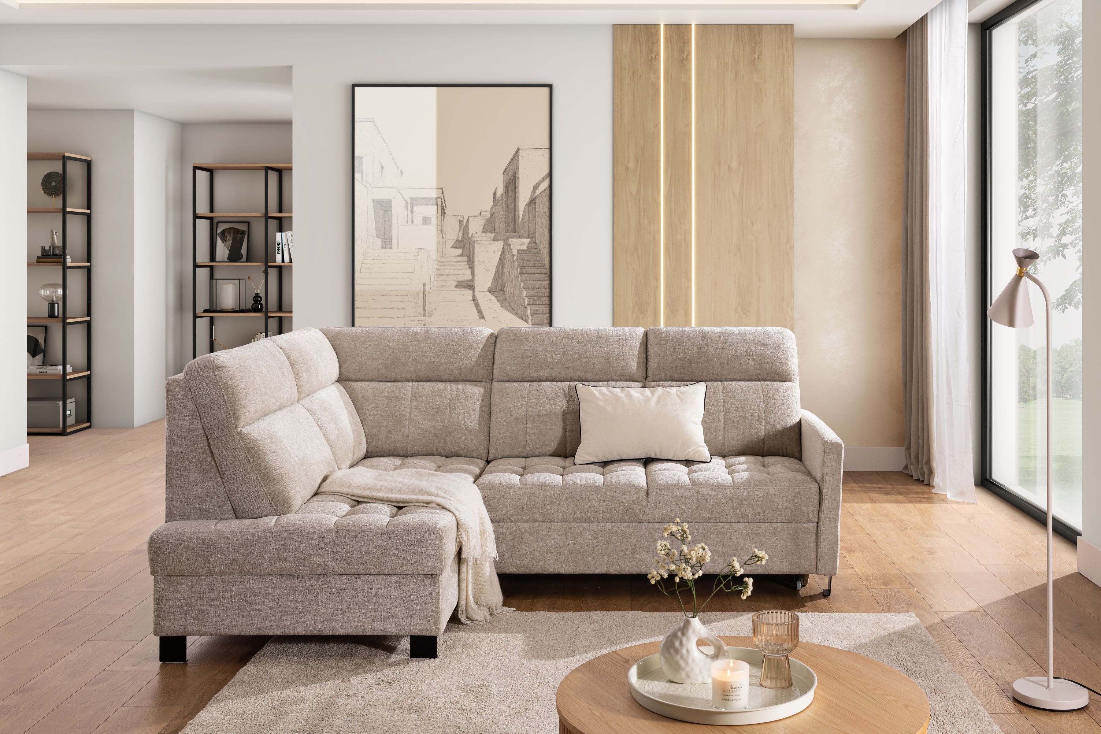 Rohová sedačka Gespano L ľavostranná s úzkou opierkou - béžový šenil Perfect Harmony 07 Rohová sedacia súprava Gespano L Ľavá strana z waskim bokiem - béžový šenil Perfect Harmony 07