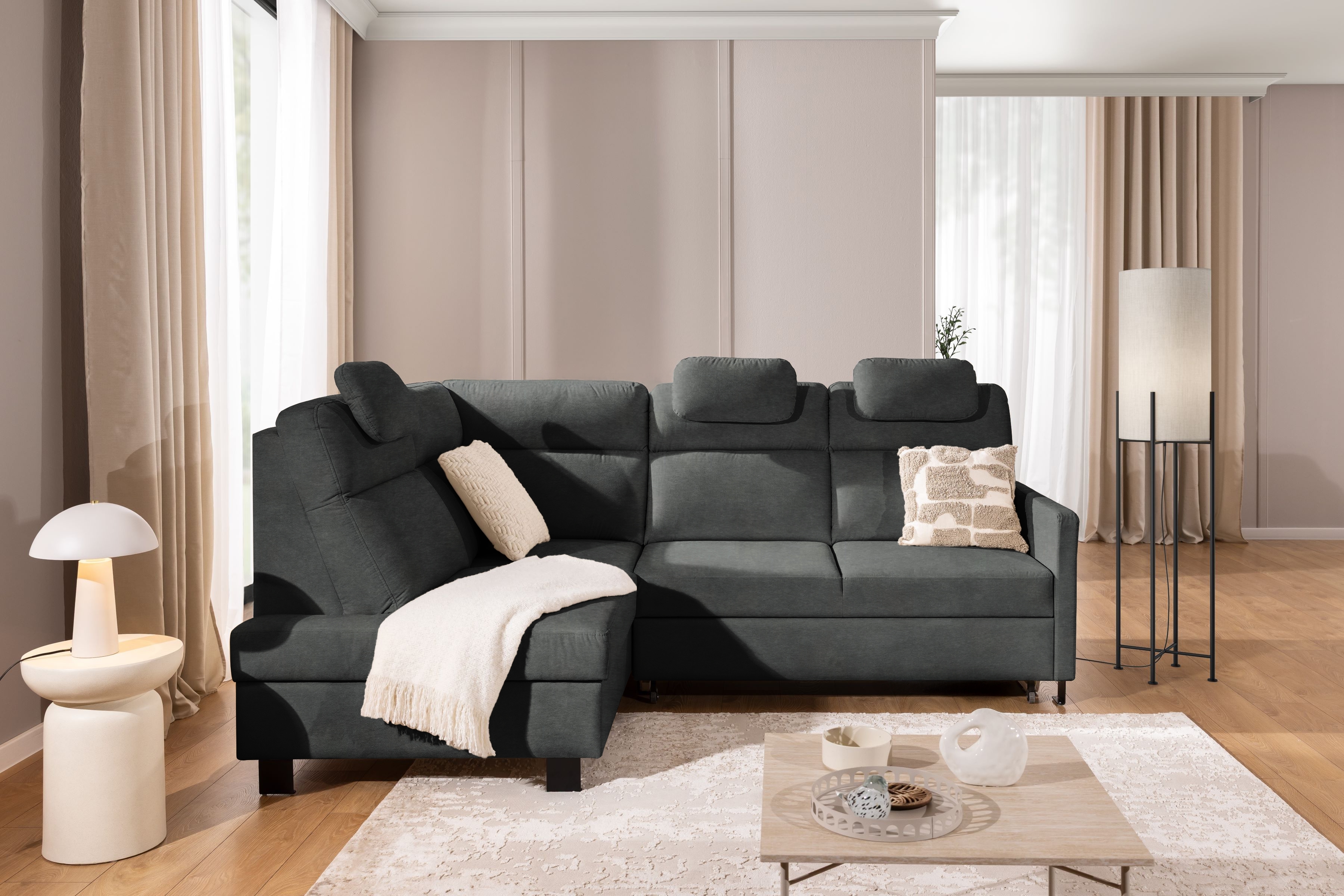 Rohová pohovka Gespano L levostranná s úzkou područkou - grafitový snadno čistitelný samet Zetta 305 Rohová sedací souprava Gespano L levá z waskim bokiem - grafitová samet latwoczyszczacy Zetta 305