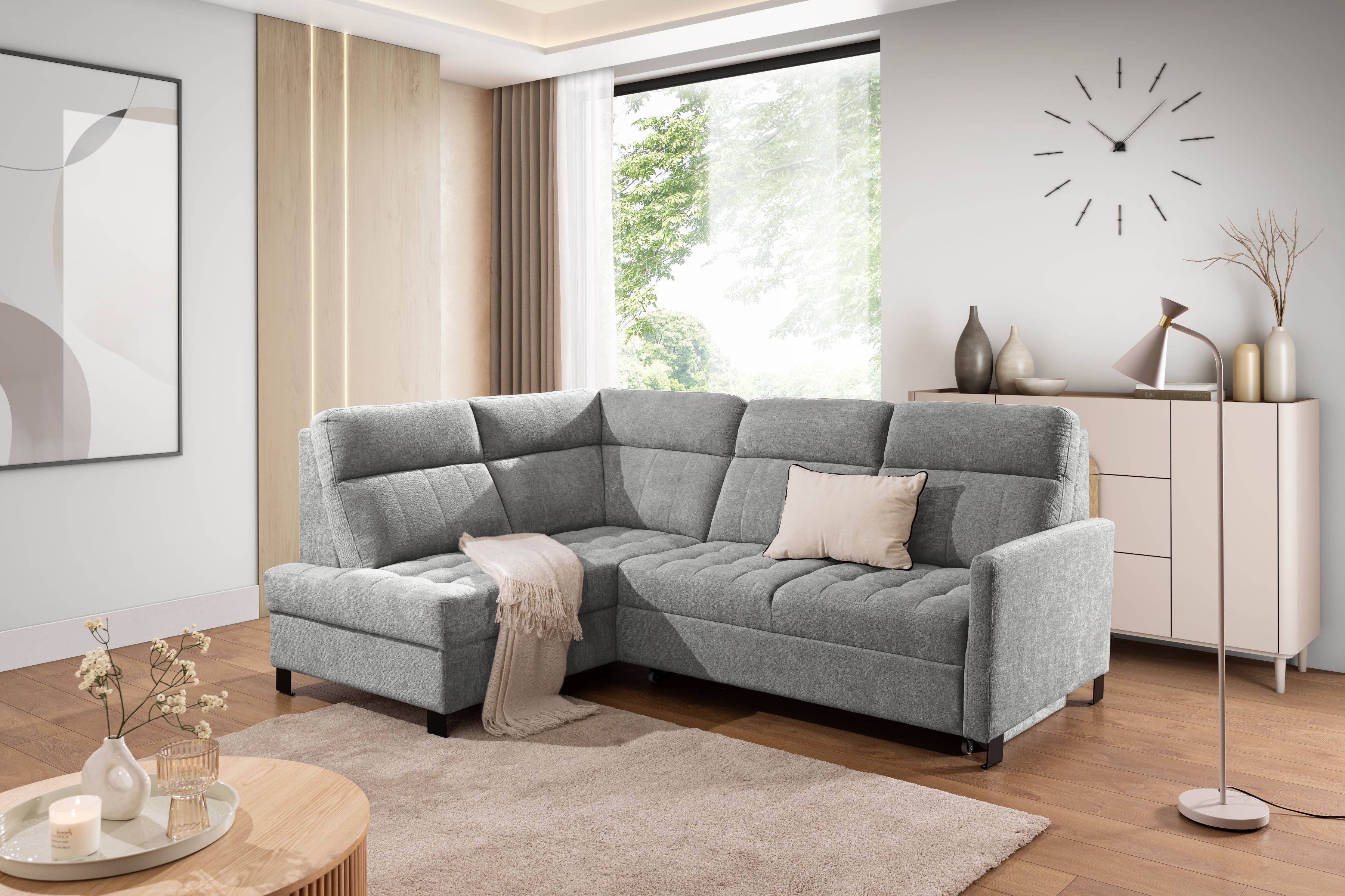 Rohová sedačka Gespano L ľavostranná s úzkou opierkou - sivý šenil Perfect Harmony 80 Rohová sedacia súprava Gespano L Ľavá strana z waskim bokiem - šedý šenil Perfect Harmony 80