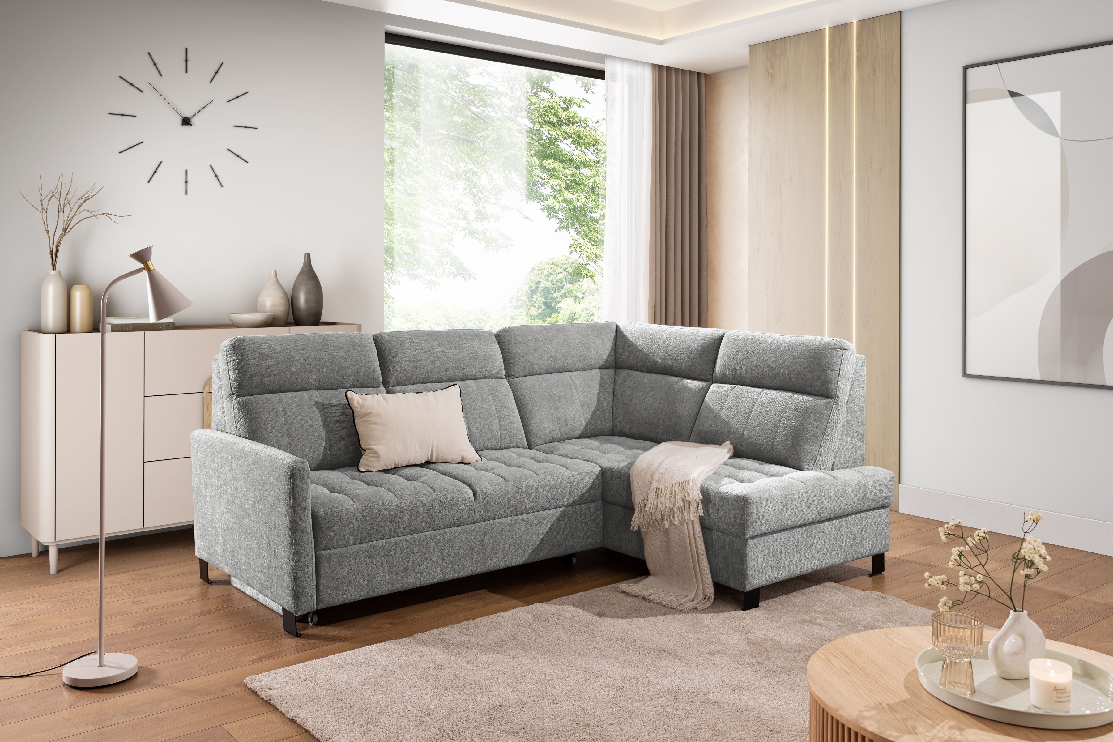 Rohová sedačka Gespano L pravostranná s úzkou opierkou - sivý šenil Perfect Harmony 80 Rohová sedacia súprava Gespano L pravá strana z waskim bokiem - šedý šenil Perfect Harmony 80