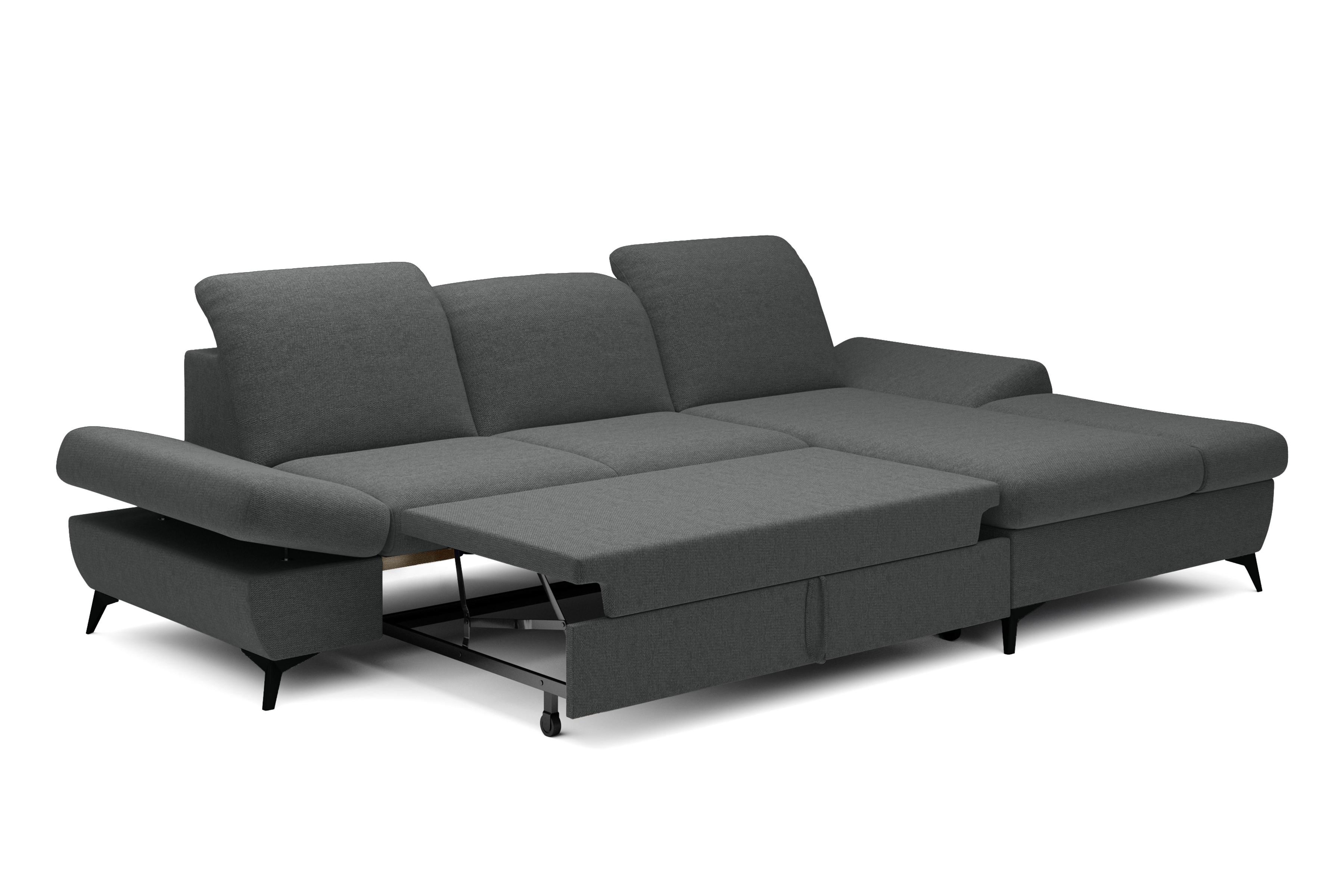 Rozkládací rohová sedací souprava Hares pravá - grafitová látka Loft 24 Rohová sedací souprava Hares s funkcí spaní pravá strana - grafitová plecionka Loft 24