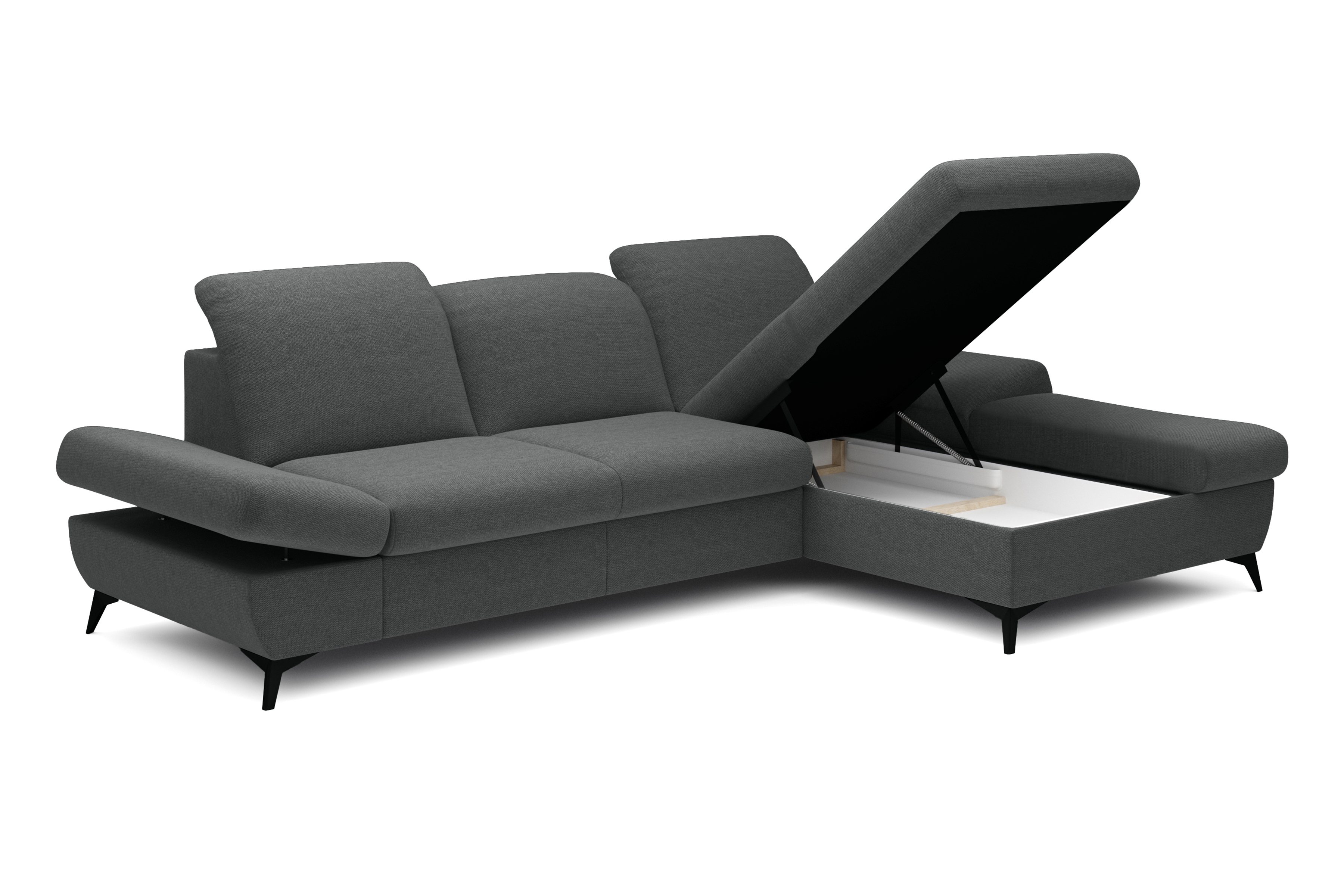 Rozkládací rohová sedací souprava Hares pravá - grafitová látka Loft 24 Rohová sedací souprava Hares s funkcí spaní pravá strana - grafitová plecionka Loft 24