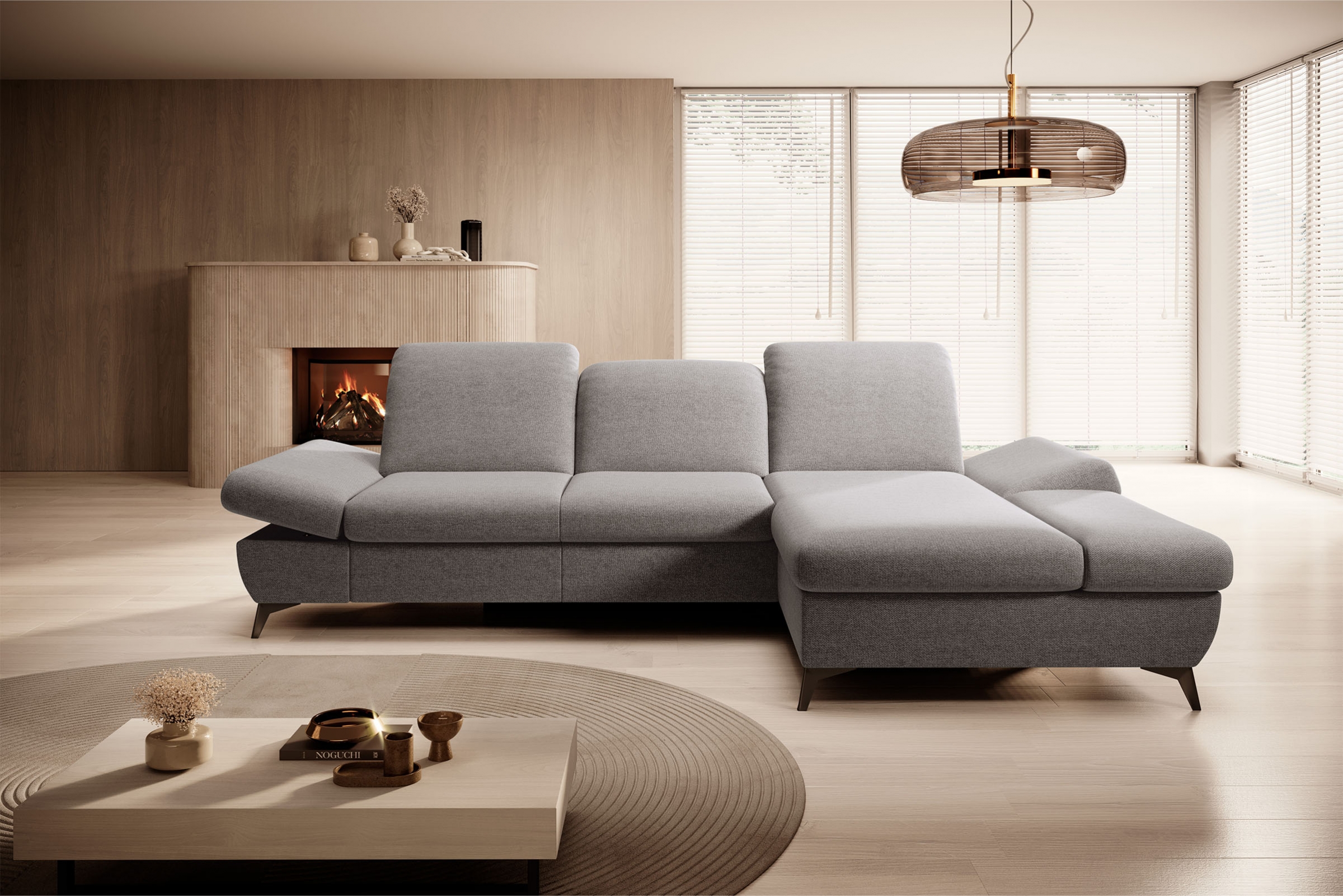 Rozkládací rohová sedací souprava Hares pravá - šedá látka Loft 19 Rohová sedací souprava Hares s funkcí spaní pravá strana - šedá plecionka Loft 19