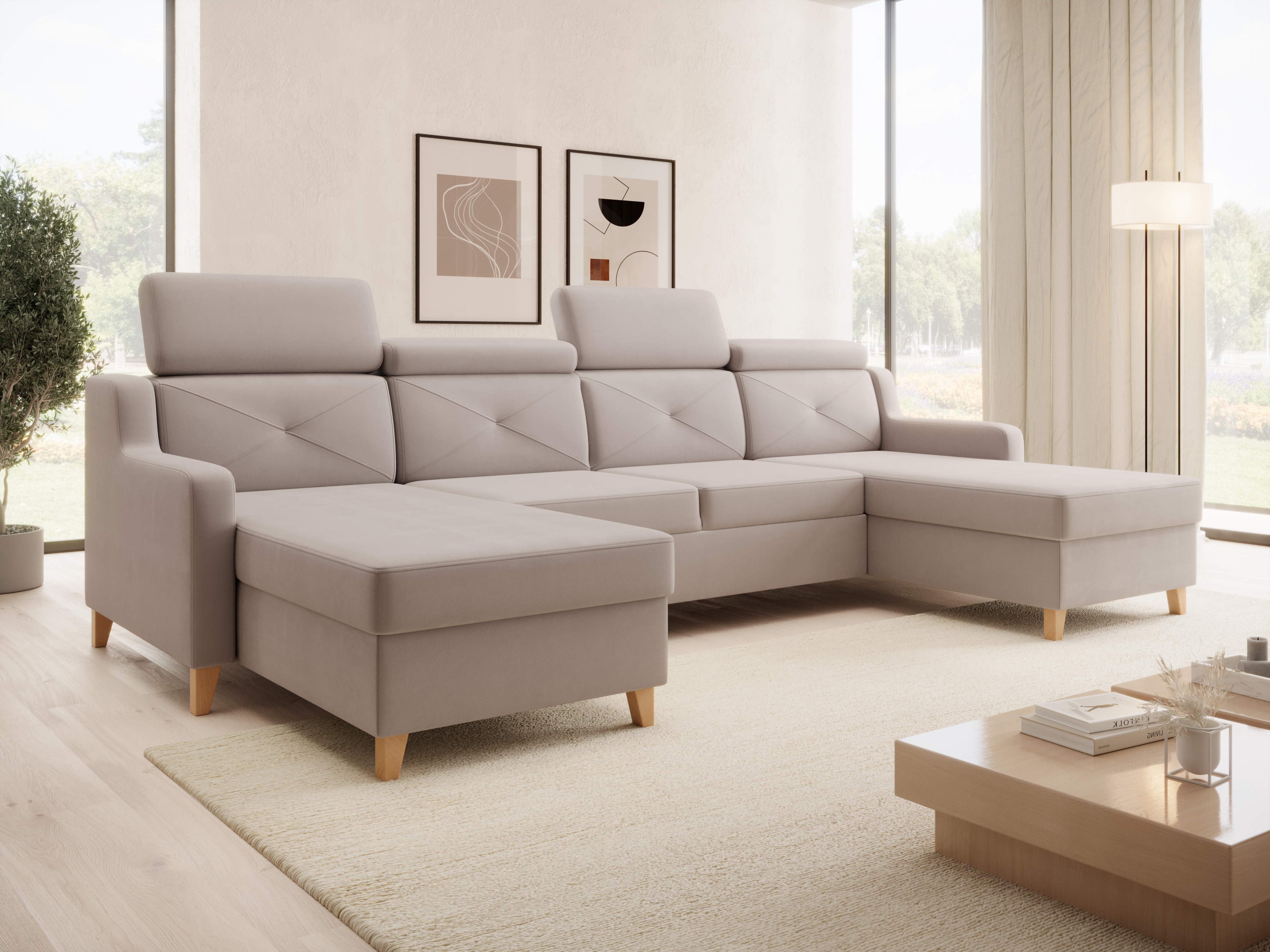 Rozkládací rohová sedací souprava Laksaro U - tmavě béžová Jasmine 25 Rohová sedací souprava Laksaro U uniwersalny prawo/levá - ciemno béžová samet Jasmine 25 