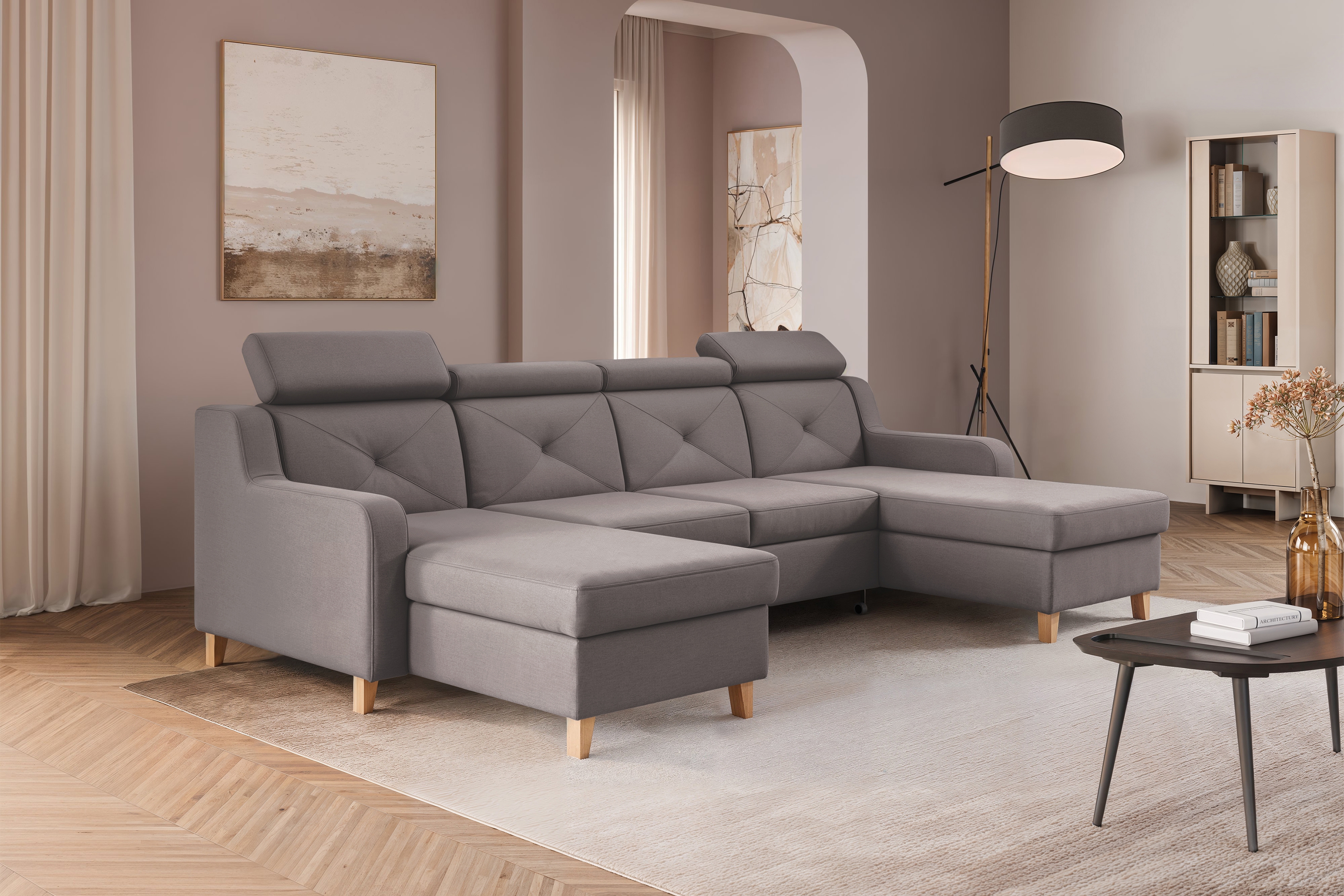 Rozkládací rohová sedací souprava Laksaro U - tmavě béžová Jasmine 25 Rohová sedací souprava Laksaro U uniwersalny prawo/levá - ciemno béžová samet Jasmine 25 