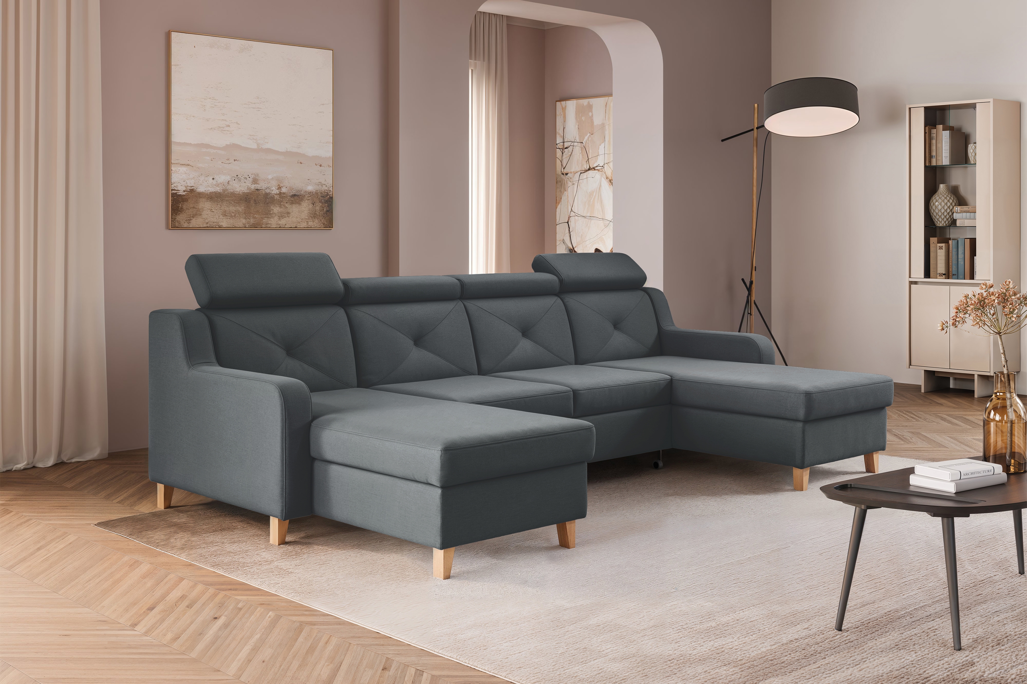 Rozkládací rohová sedací souprava Laksaro U - šedá Jasmine 96 Rohová sedací souprava Laksaro U uniwersalny prawo/levá - šedá samet Jasmine 96