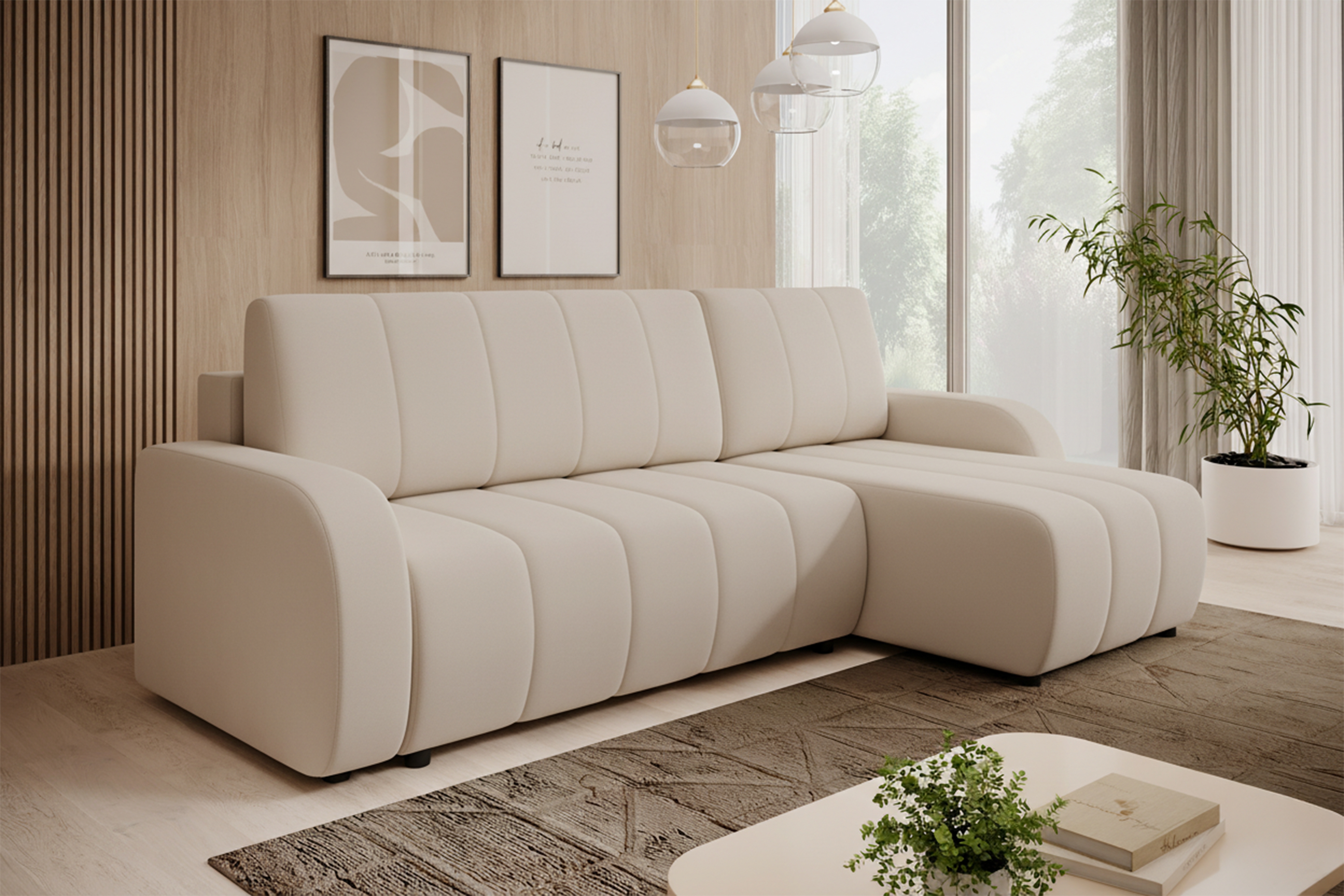 Rohová pohovka Lapios s rozkladem pravostranná - béžový samet Vogue 2 Rohová sedací souprava Lapios rozkládací pravá - béžová samet Vogue 2 