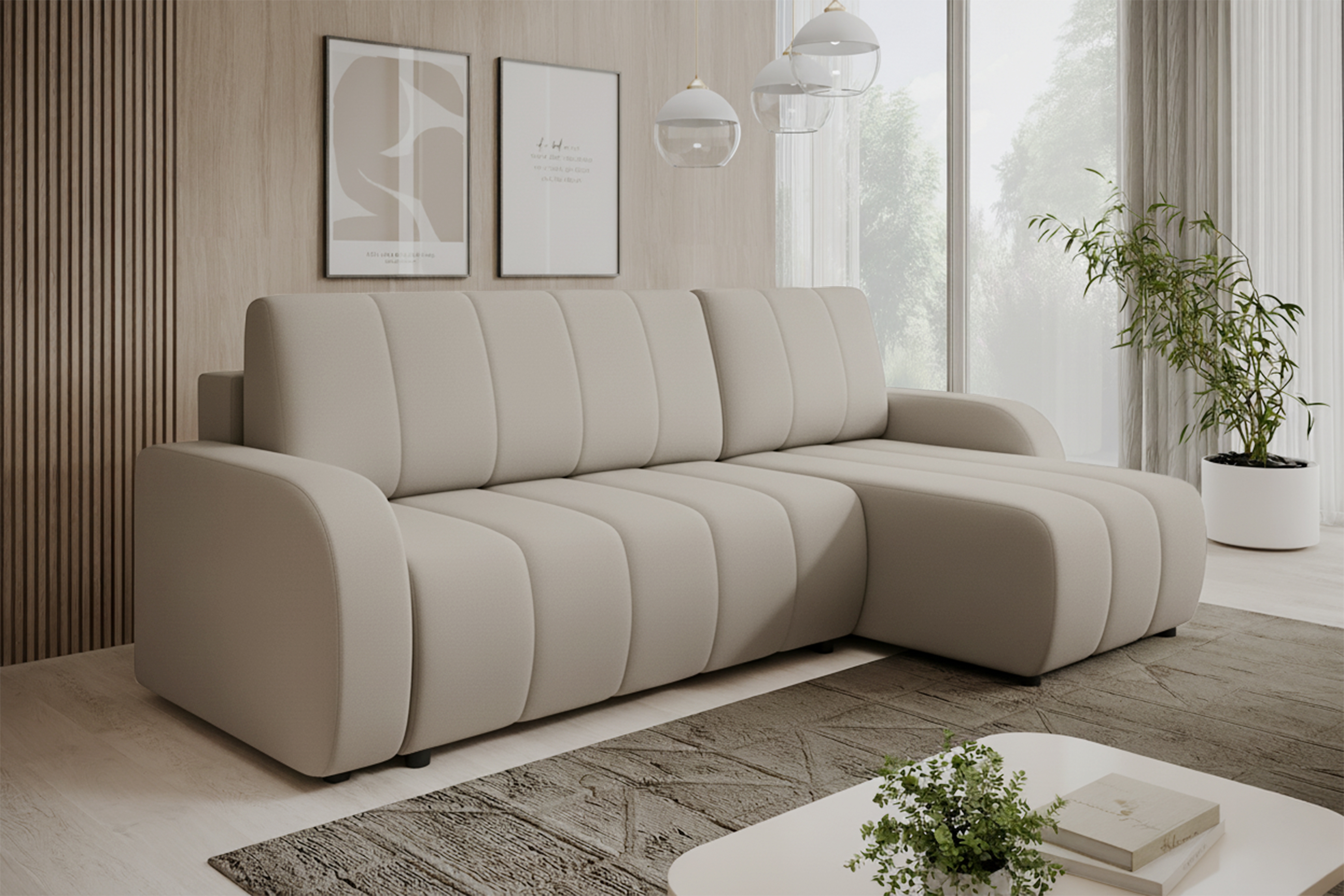 Rohová sedacia súprava Lapios pravá s funkciou spania - béžový matný zamat Matt Velvet 9 Rohová sedacia súprava Lapios s funkciou spánku pravá strana - béžový zamat Matt Velvet 9