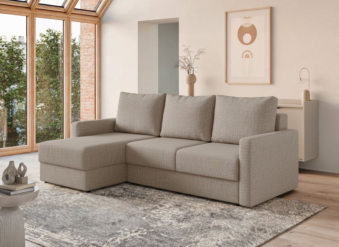 Rozkládací rohová sedačka Laveris univerzální pravá/levá - béžová tkanina Gemma 13 Rohová sedací souprava Laveris rozkladany uniwersalny prawo/levá - béžová plecionka Gemma 13