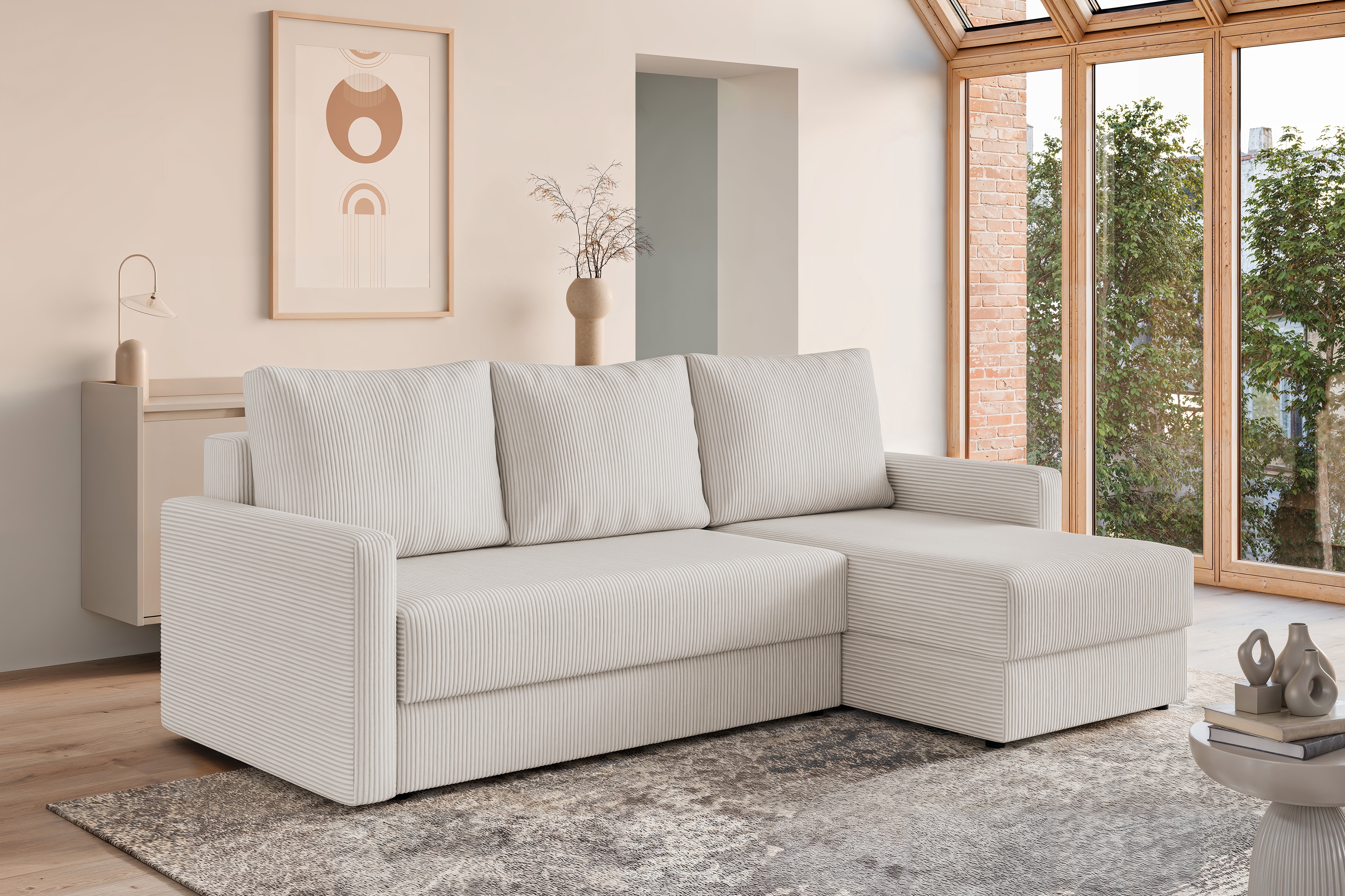 Rozkládací rohová sedací souprava Laveris - krémová Lincoln 01 Rohová sedací souprava Laveris rozkladany uniwersalny prawo/levá - Krémový manšestr Lincoln 01 