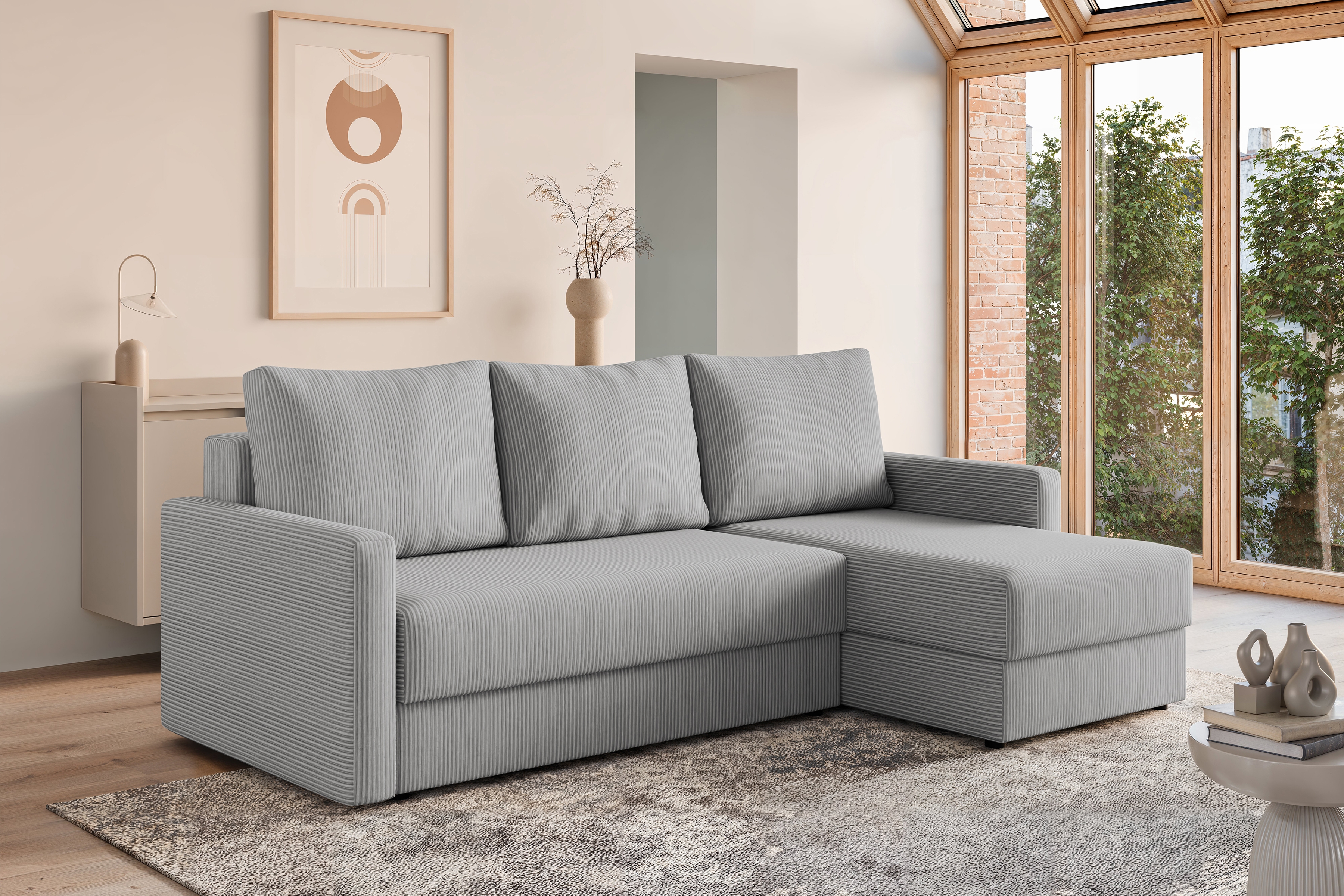 Rozkládací rohová sedací souprava Laveris - šedá Lincoln 86 Rohová sedací souprava Laveris rozkladany uniwersalny prawo/levá - šedá manšestr Lincoln 86