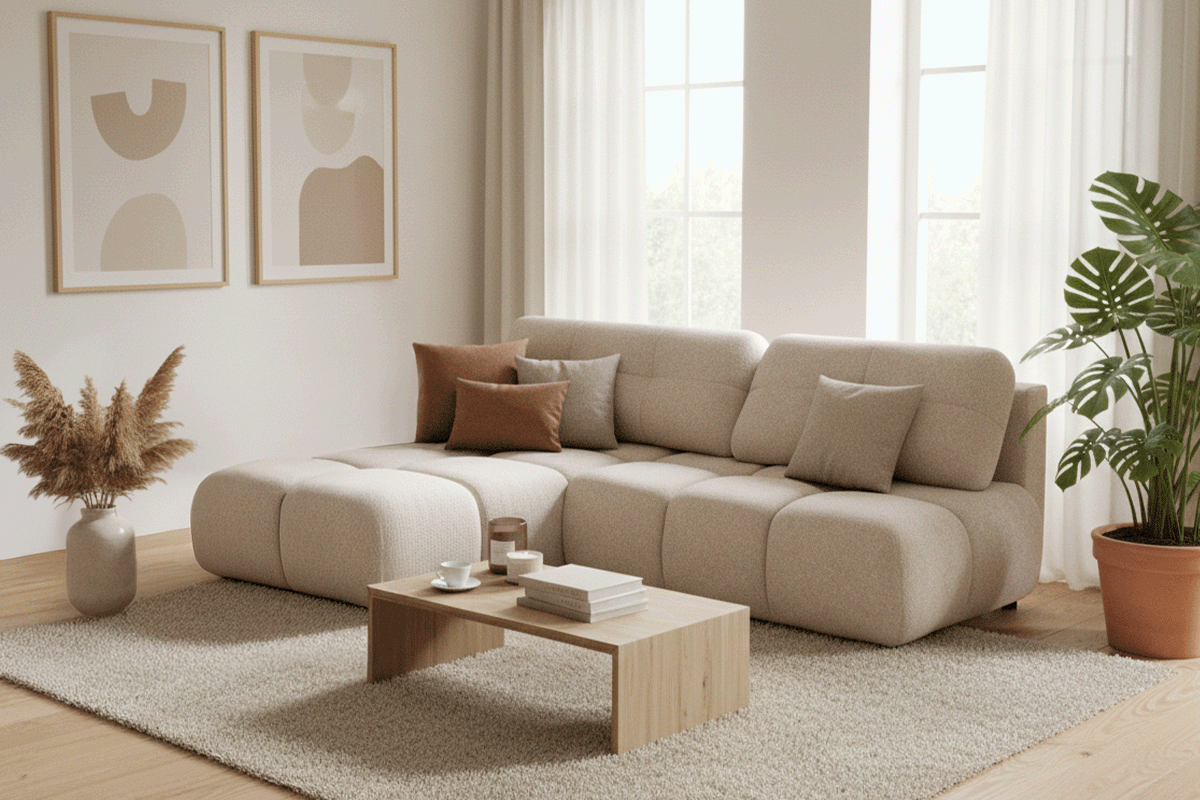 Rohová sedačka Lerio ľavostranná s rozkladom na spanie - svetlobéžová hydrofóbna látka Blur 02 Rohová sedacia súprava Lerio Ľavá strana s funkciou spánku - jasno Béžová dzianina hydrofobowa Blur 02