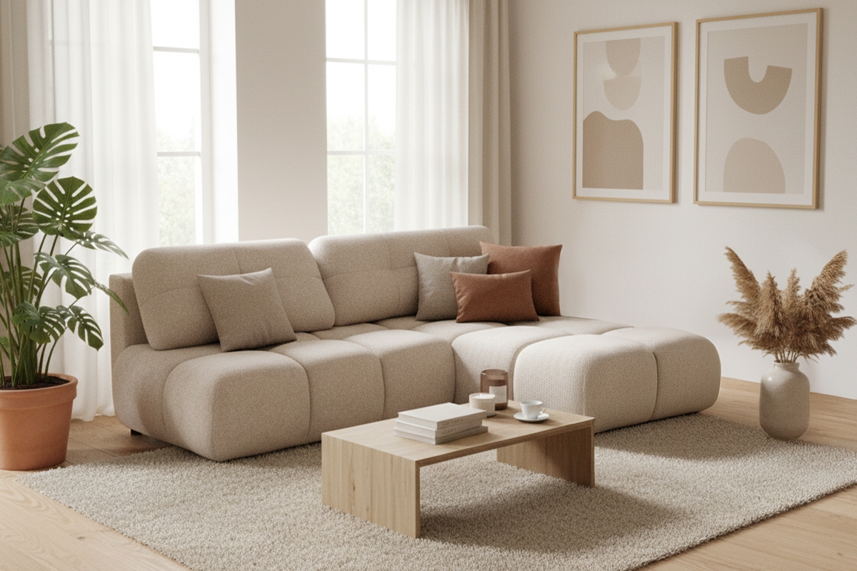 Rohová sedačka Lerio s rozkládací funkcí - světle béžová hydrofobní tkanina Blur 02 Rohová sedací souprava Lerio rozkládací - jasno béžová Pletenina hydrofobowa Blur 02