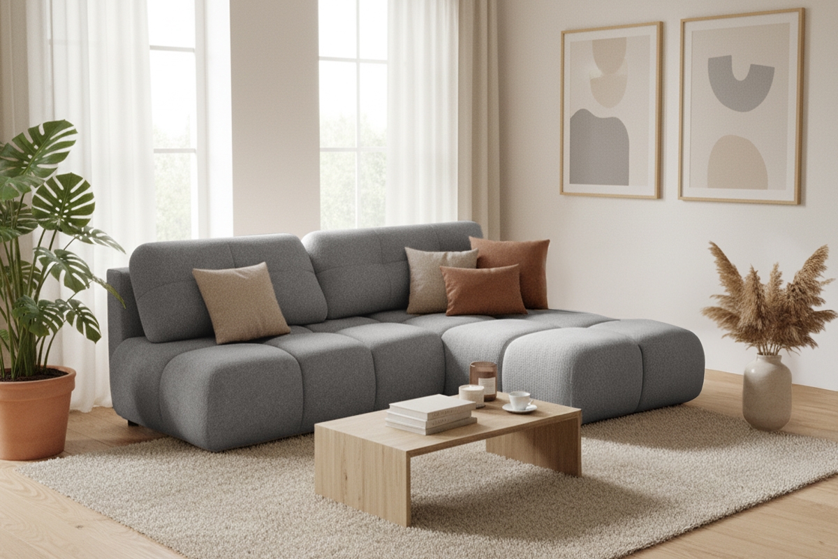 Rohová sedačka Lerio s rozkladem na spaní - světle šedá hydrofobní tkanina Blur 18 Rohová sedací souprava Lerio rozkládací - jasno šedá Pletenina hydrofobowa Blur 18