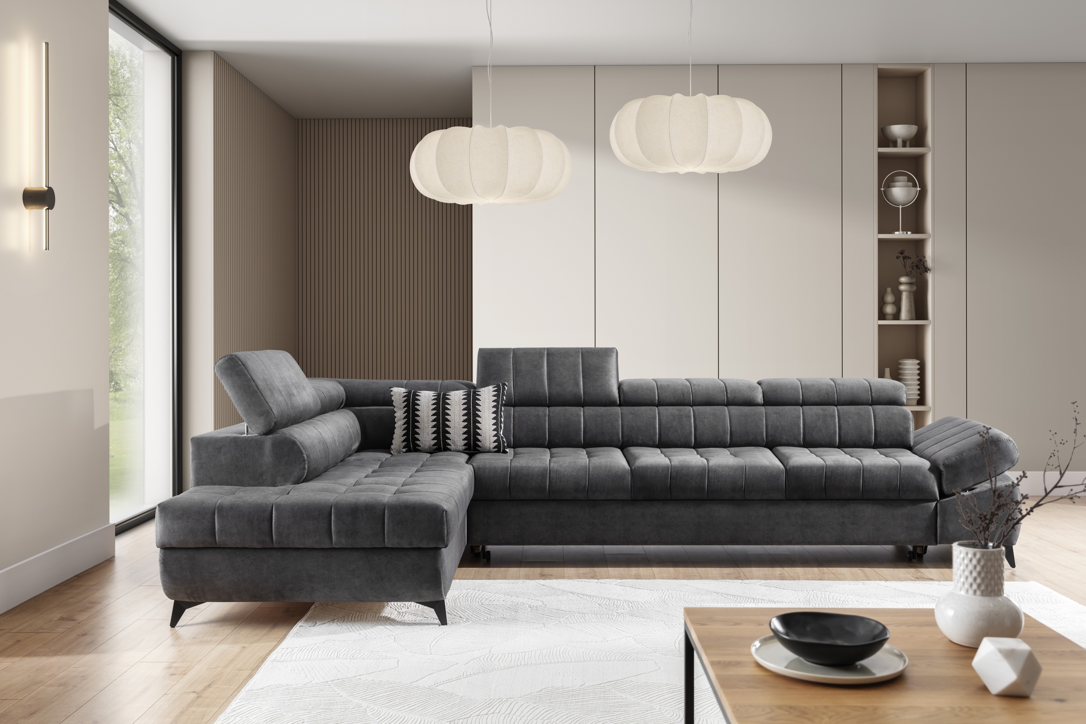 Rozkládací rohová sedací souprava Valoris Maxi levá - grafitová Zetta 305 Rohová sedací souprava levá Valoris Maxi rozkládací - grafitová samet hydrofobní  Zetta 305