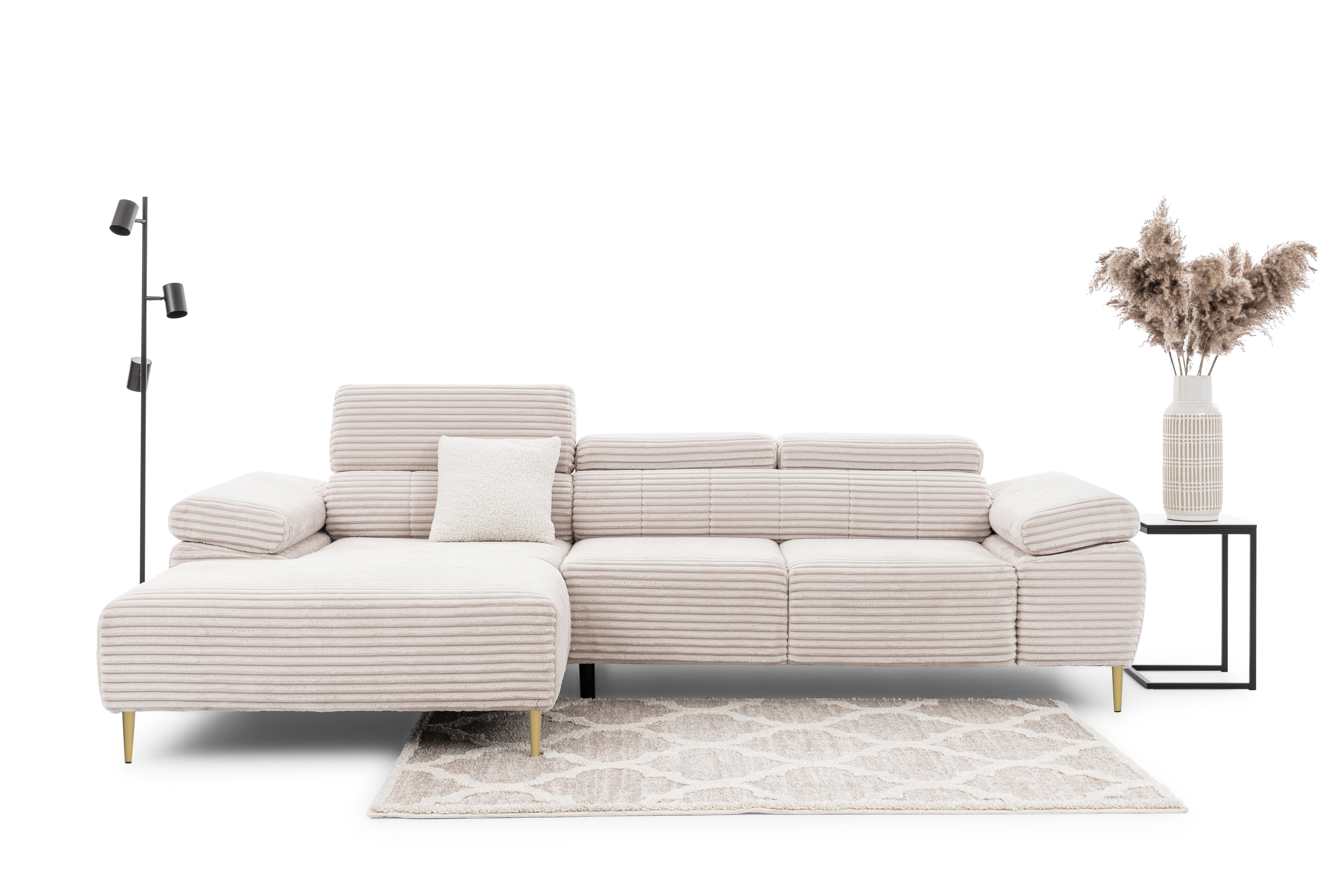 Rohová sedačka Taloria Mini s el. výsuvným sedadlom ľavá - béžový plyš Tilia 01 / zlaté nožičky Rohová sedacia súprava Ľavá strana Taloria Mini - Tilia 01, nožičky zlote