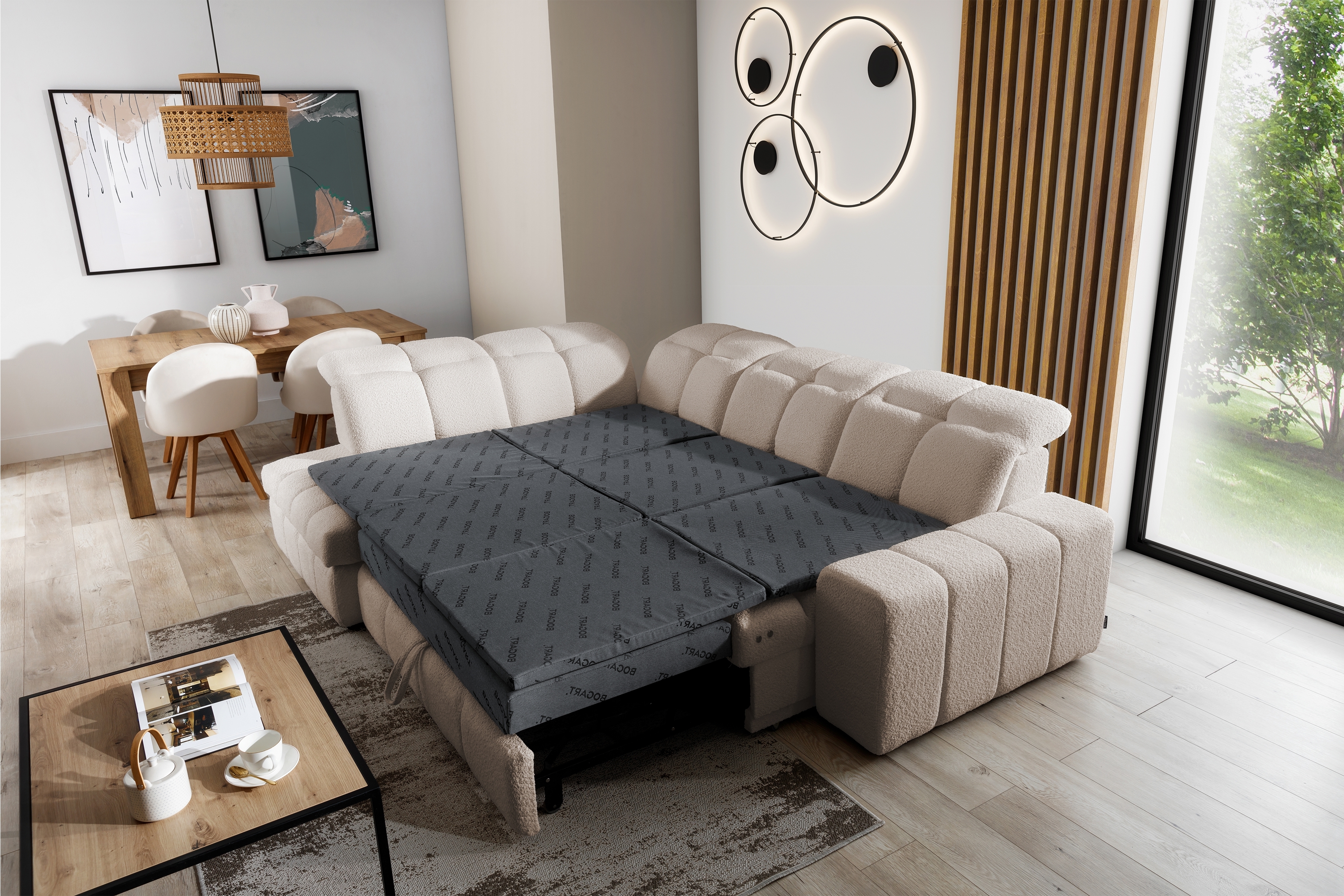 Rozkladacia rohová sedačka Magnelio L ľavá s el. výsuvom - béžové buklé Catch Me 02 Rohová sedacia súprava Ľavá strana rozkladany s elektricky výsuvným sedákem Magnelio L - Béžová boucle Catch me 2