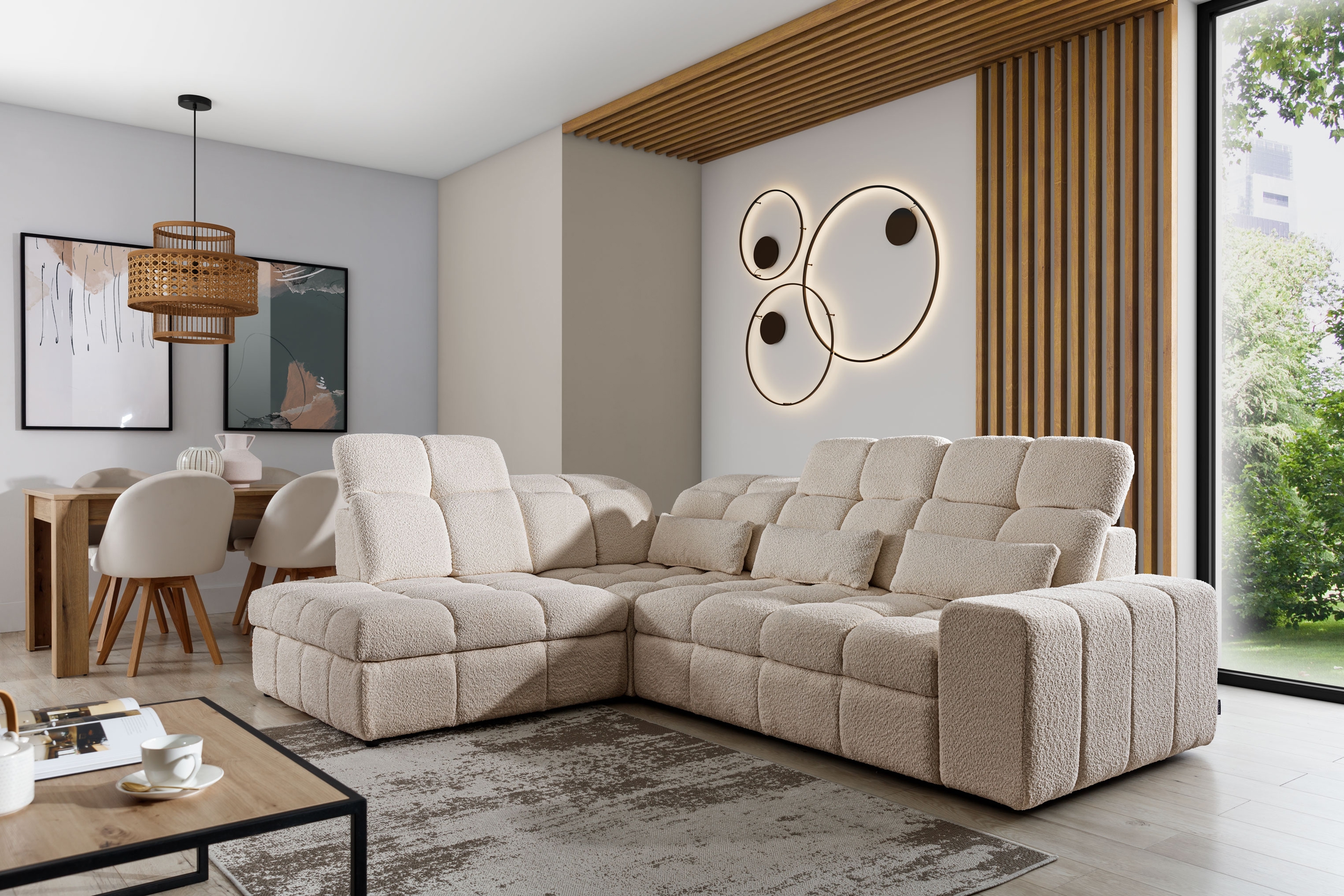 Rozkladacia rohová sedačka Magnelio L ľavá s el. výsuvom - béžové buklé Catch Me 02 Rohová sedacia súprava Ľavá strana rozkladany s elektricky výsuvným sedákem Magnelio L - Béžová boucle Catch me 2