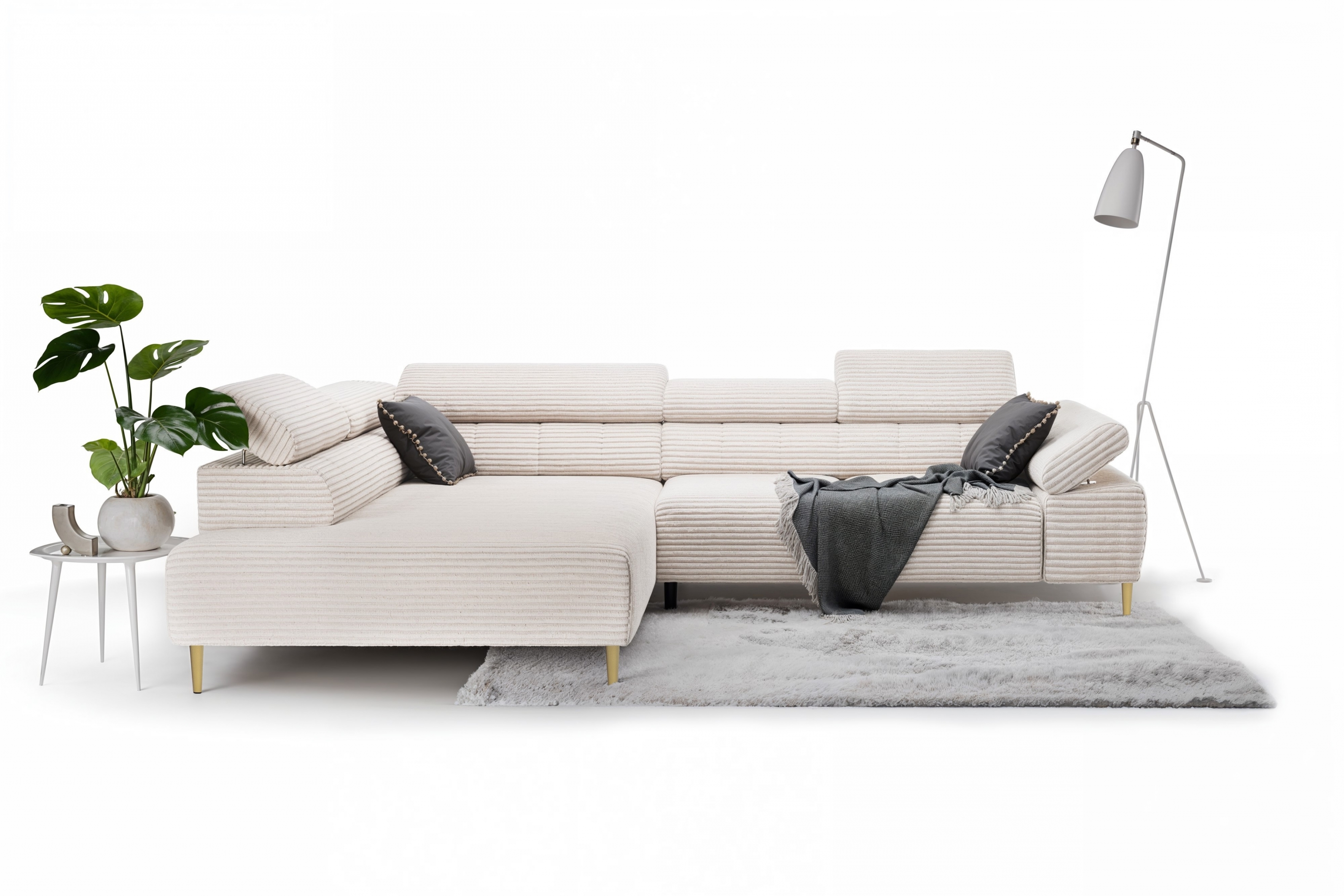 Rohová sedačka Taloria L s el. výsuvným sedadlom ľavá - béžový plyš Tilia 01 / zlaté nožičky Rohová sedacia súprava Ľavá strana Taloria L - Tilia 01, nožičky zlote