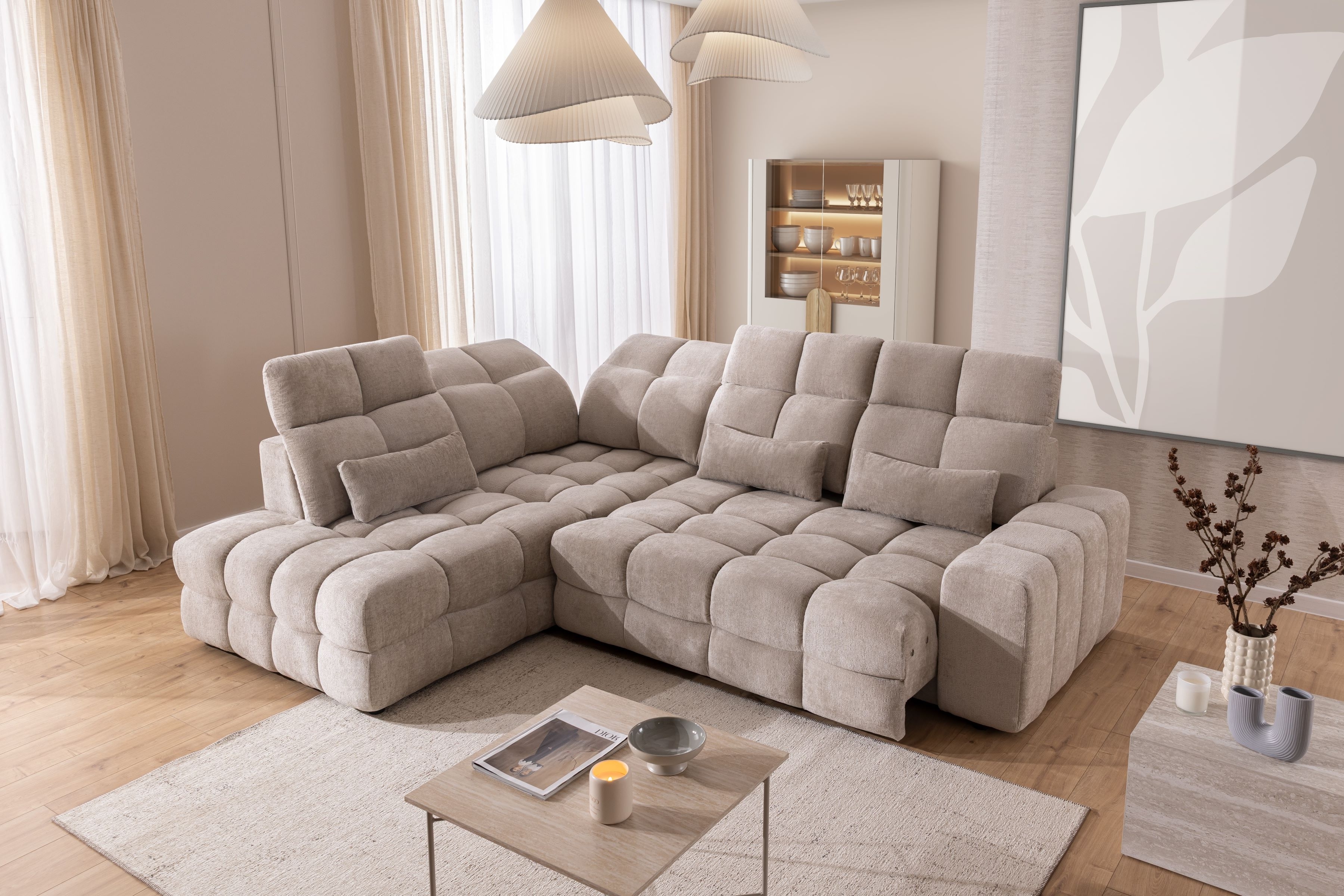 Rohová pohovka Magnelio Prestige L levá s elektrickým výsuvem sedáku - béžový szenil Perfect Harmony 07 Rohová sedací souprava levá Magnelio Prestige L z elektricky wysuwanym sedadlem - béžová šenil Perfect harmony 07