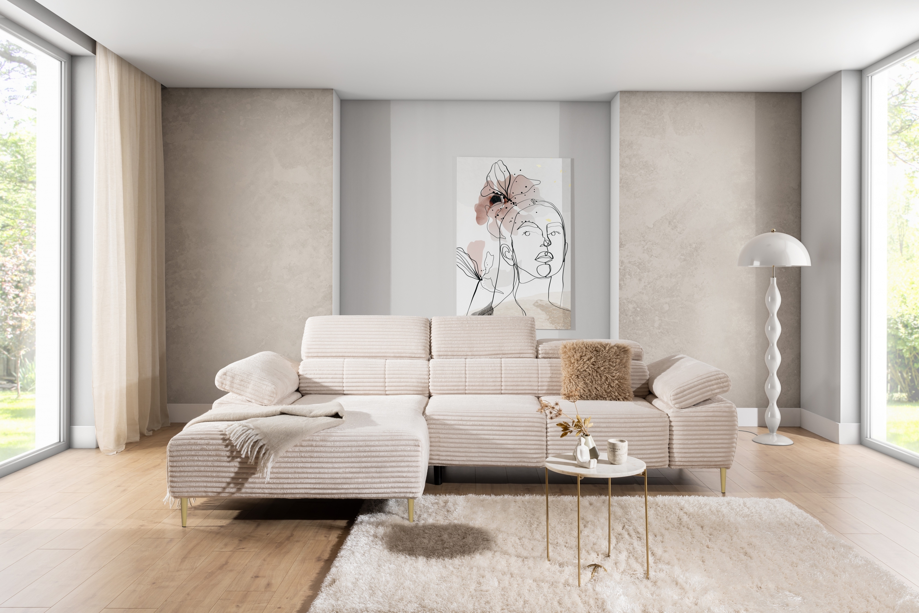 Rohová sedačka Taloria Mini s el. výsuvným sedadlom ľavá - béžový plyš Tilia 01 / zlaté nožičky Rohová sedacia súprava Ľavá strana Taloria Mini - Tilia 01, nožičky zlote