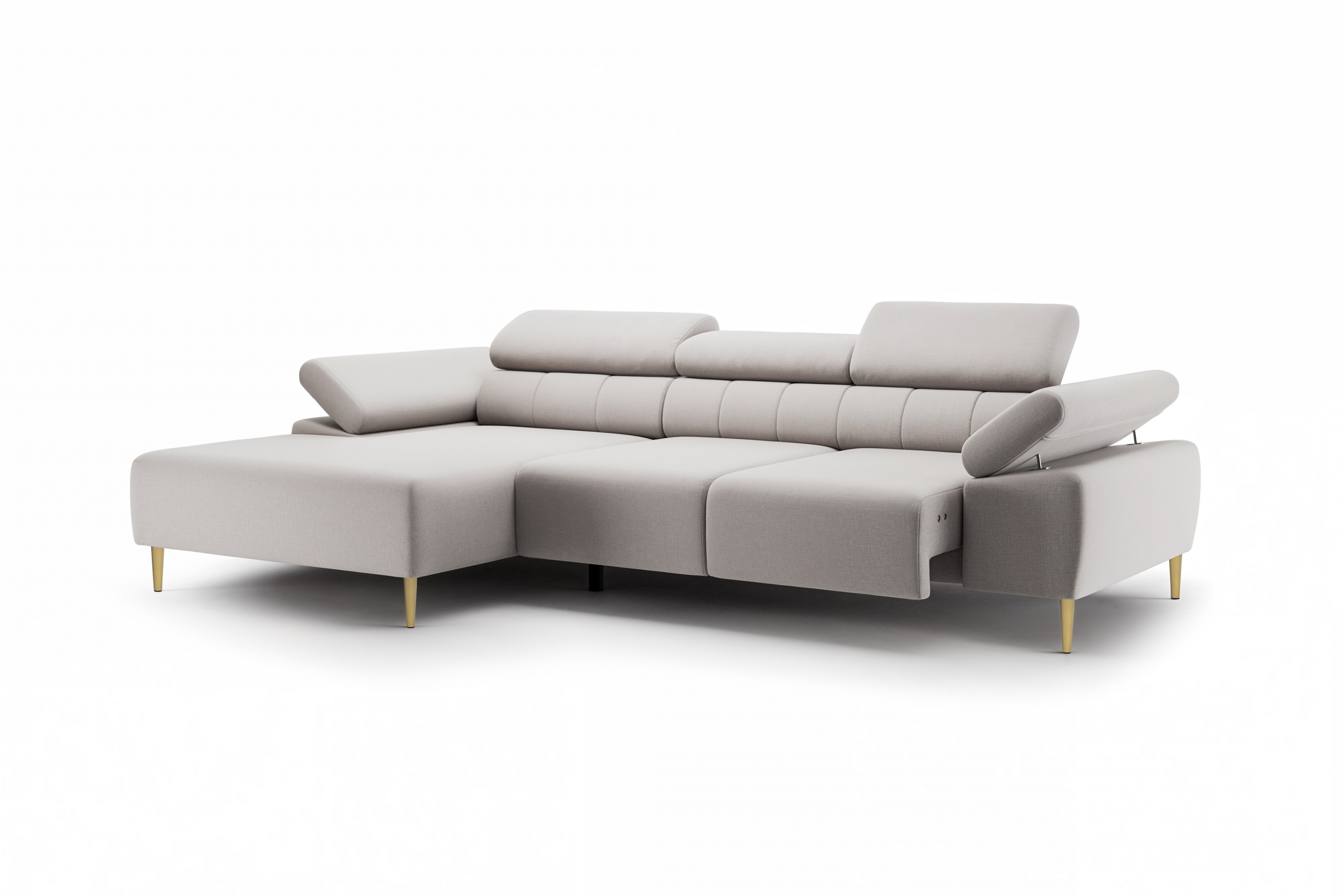 Rohová sedačka Taloria Mini s el. výsuvným sedadlom ľavá - béžová ľahkočistiaca látka Maya 01 / zlaté nožičky Rohová sedacia súprava Ľavá strana Taloria Mini - Maya 01, nožičky zlote