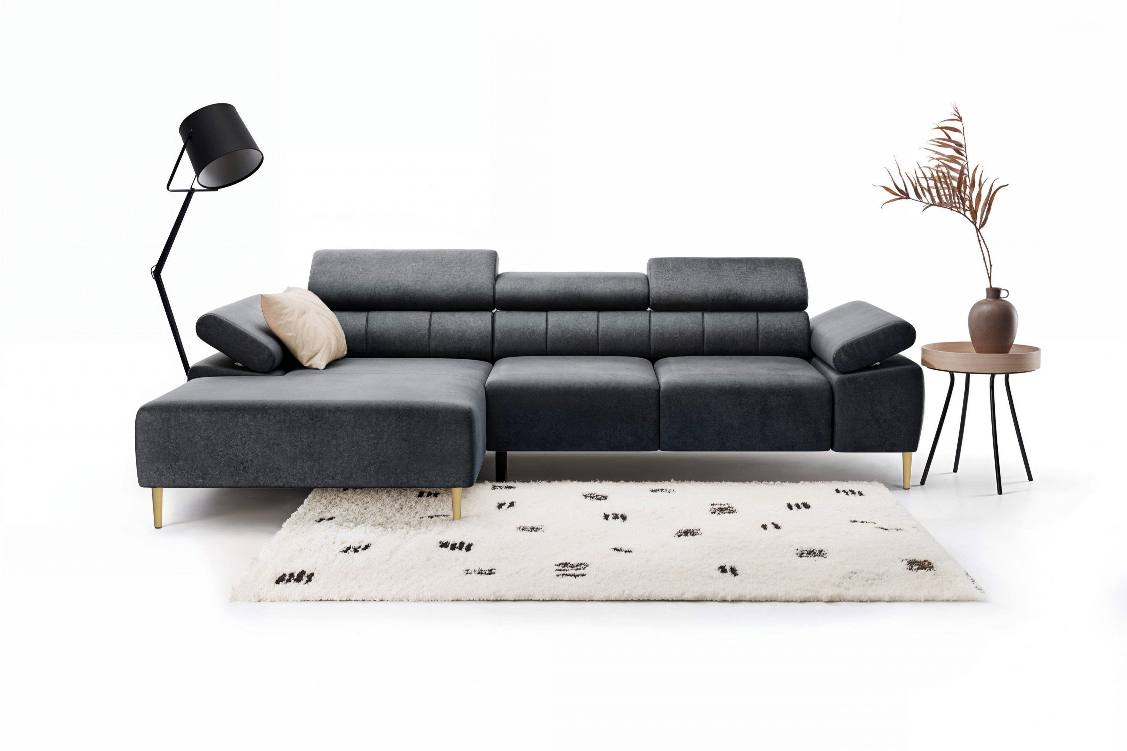 Rohová sedačka Taloria Mini s el. výsuvným sedadlom ľavá - šedý ľahkočistiaci zamat Zetta 305 / zlaté nožičky Rohová sedacia súprava Ľavá strana Taloria Mini - Zetta 305, nožičky zlote