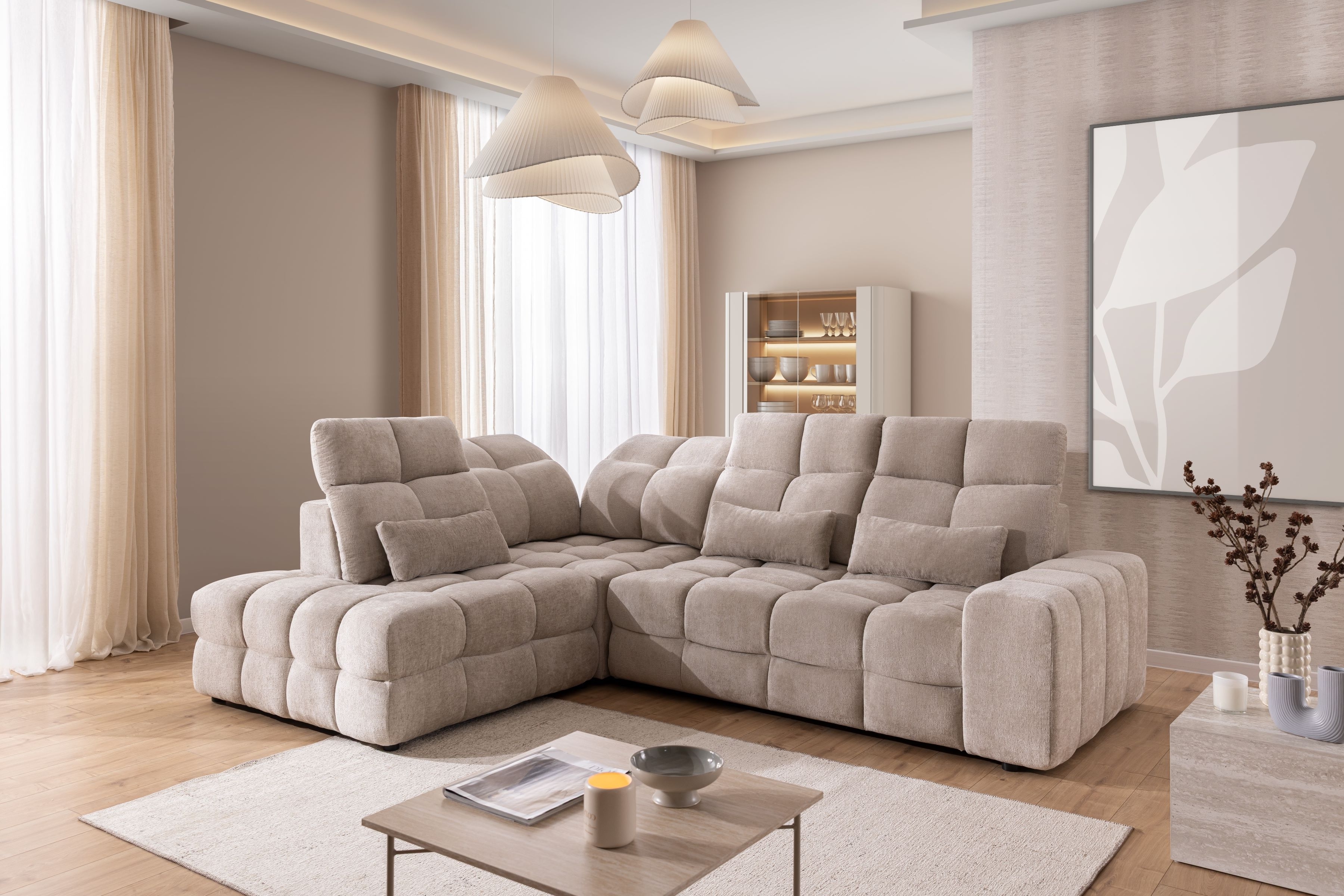 Rohová pohovka Magnelio Prestige L levá s elektrickým výsuvem sedáku - béžový szenil Perfect Harmony 07 Rohová sedací souprava levá Magnelio Prestige L z elektricky wysuwanym sedadlem - béžová šenil Perfect harmony 07