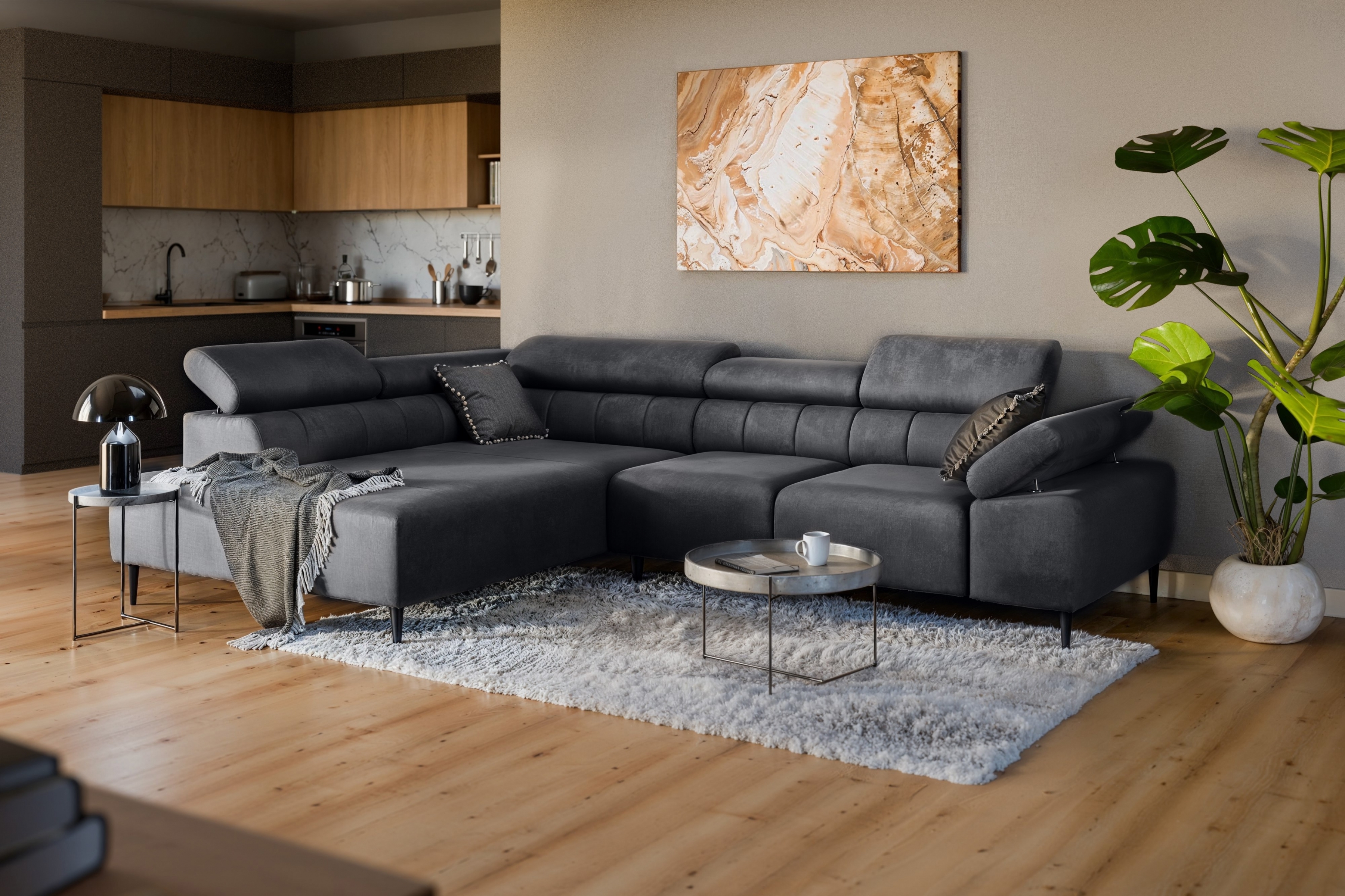 Rohová sedačka Taloria L s el. výsuvným sedadlom ľavá - grafitový ľahkočistiaci zamat Zetta 305 / čierne nožičky Rohová sedacia súprava Ľavá strana Taloria L - Zetta 305, nožičky čierny