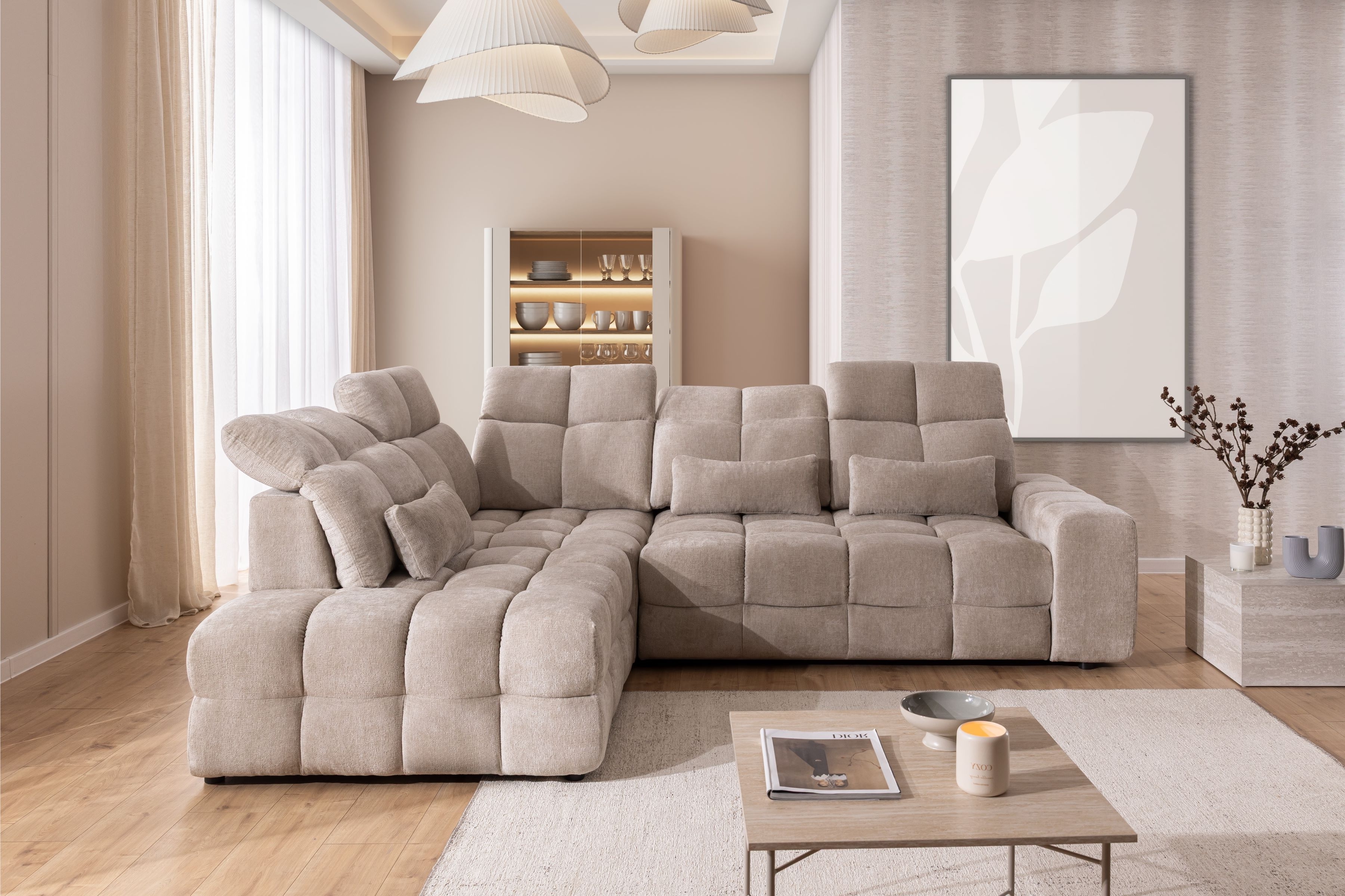 Rohová pohovka Magnelio Prestige L levá s elektrickým výsuvem sedáku - béžový szenil Perfect Harmony 07 Rohová sedací souprava levá Magnelio Prestige L z elektricky wysuwanym sedadlem - béžová šenil Perfect harmony 07